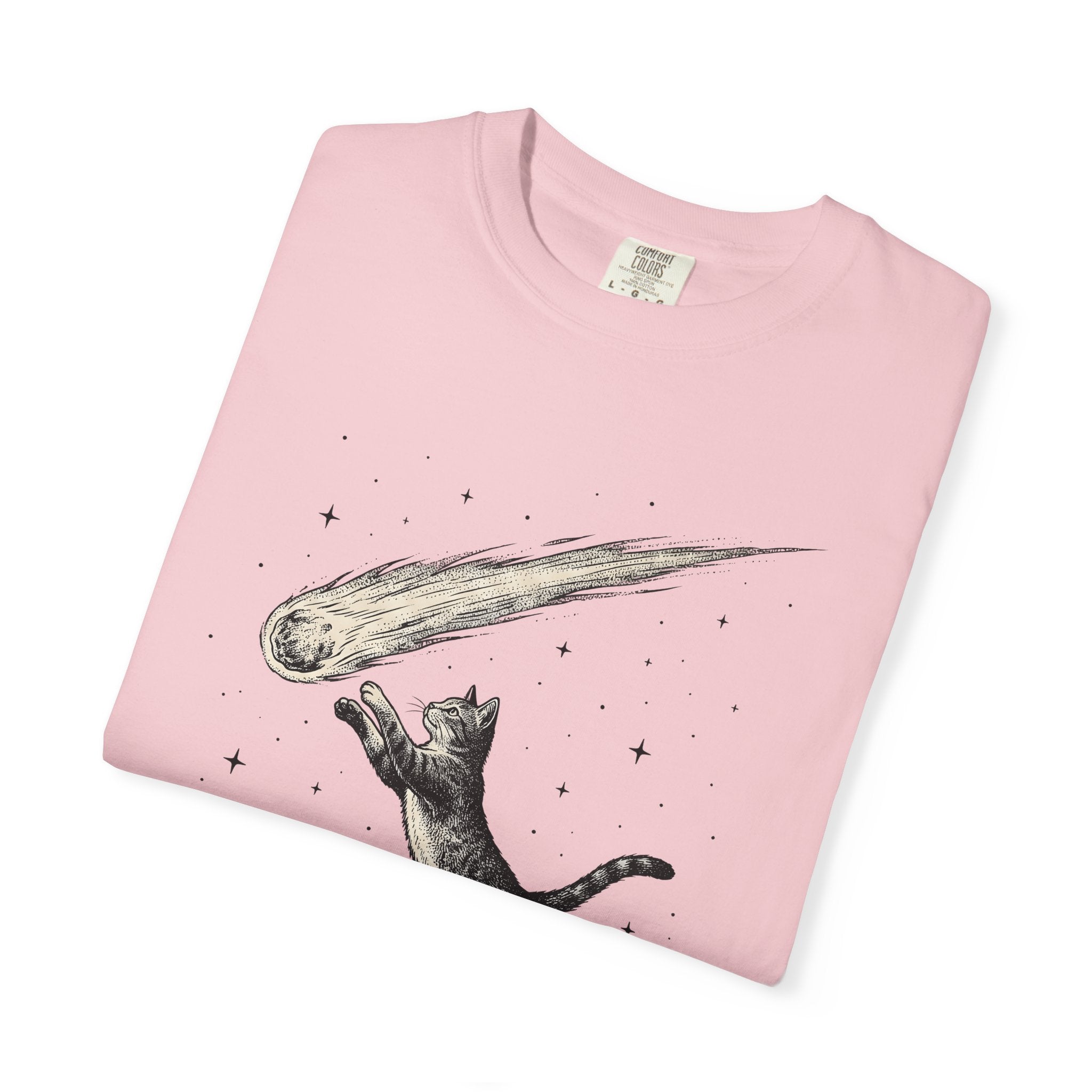 Leaping Cat Shirt Cat Galaxy Gift Women Retro Tee Kitten T-Shirt Cat Fan Feline Tshirt Cosmic Graphic Sketch Falling Star Tshirt