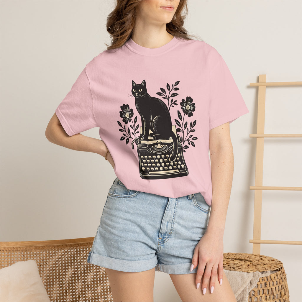Black Cat Typewriter Shirt Cat Botanical Gift Women Hand Drawn Tee Cat T-Shirt Cat Fan Feline Tshirt Floral Graphic Line Art Flower Bouquet