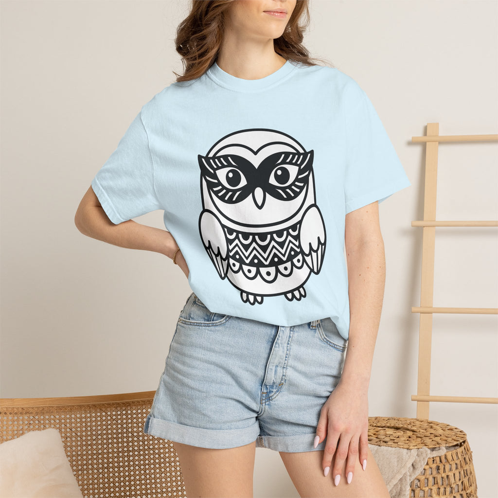Owl Drawing Shirt Owl Nature Gift Women Folk Tee Hoot T-Shirt Owl Fan Primitive Tshirt Wilderness Graphic Clean Wave Stripes Tshirt