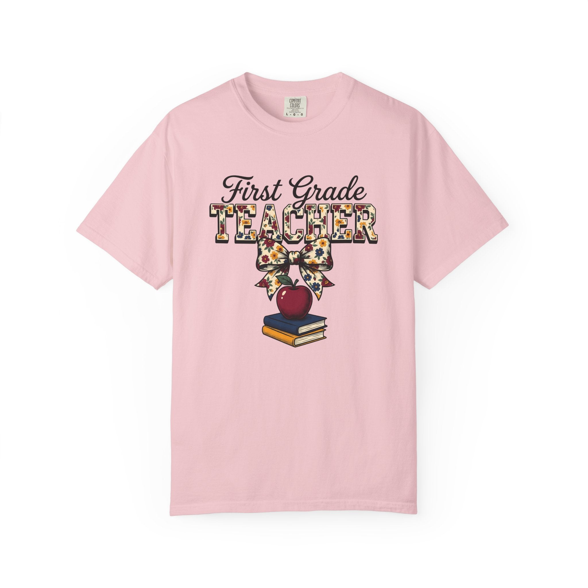 Apple Books Bow Shirt Teacher School Gift Women Floral Tee Book T-Shirt Educator Enthusiast Botanical Tshirt Classroom Graphic Retro Stacked