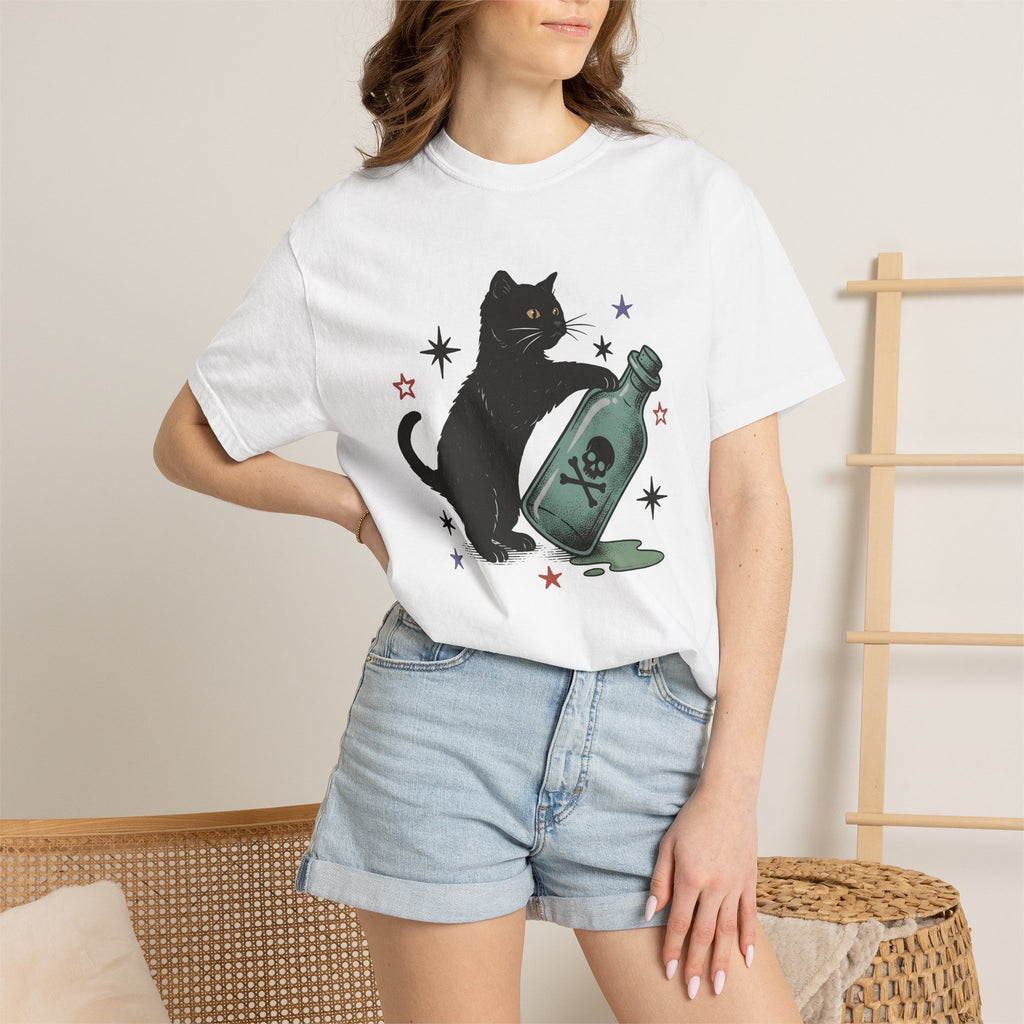 Black Feline Shirt Cat Occult Gift Women Neo Traditional Tee Cat T-Shirt Cat Fan Faux Tshirt Mystic Graphic Old School Poison Vial Tshirt