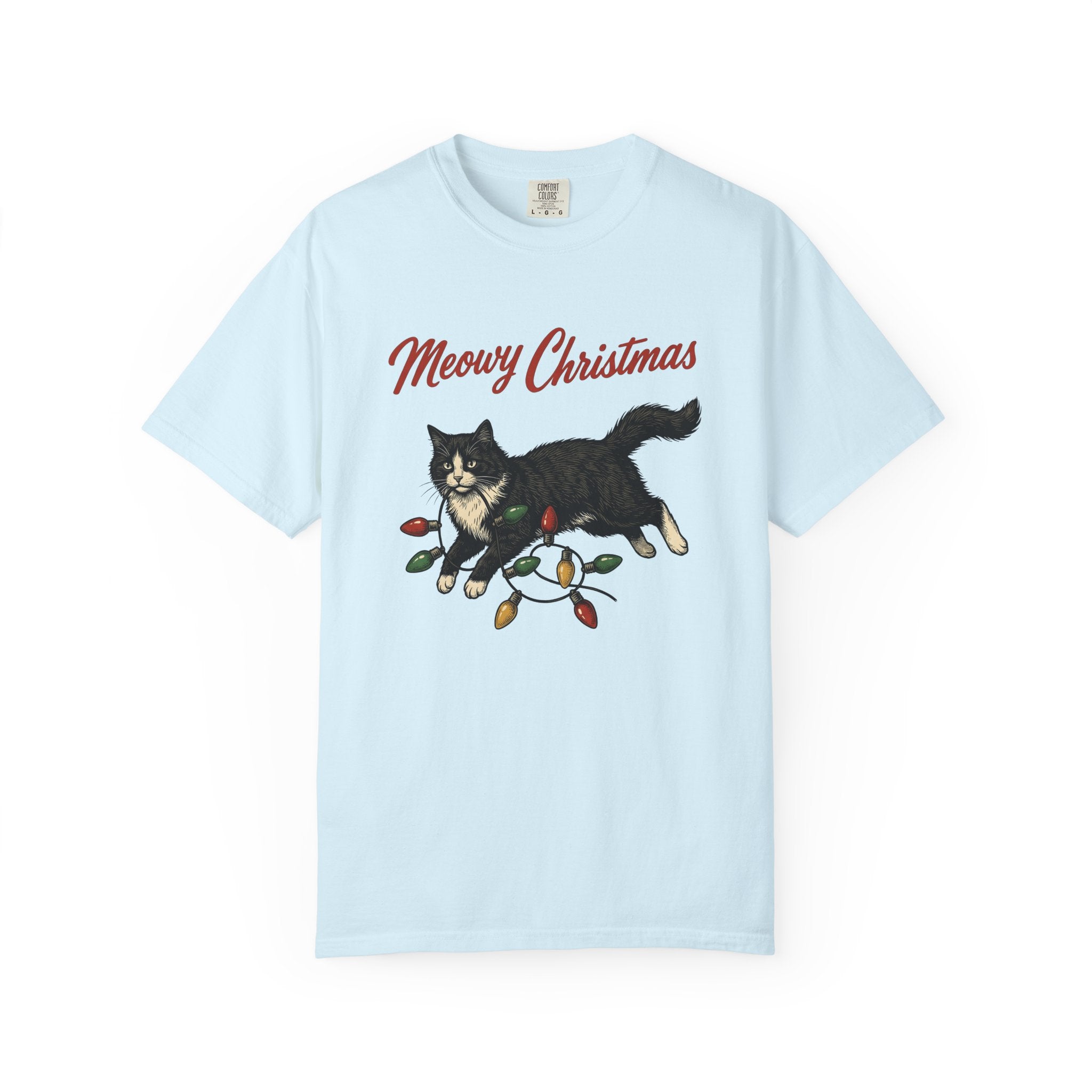 Black Kitty Shirt Christmas Animal Gift Women Sketch Tee Cat T-Shirt Xmas Fan Drawing Graphic Cartoon Festive Lights Tshirt