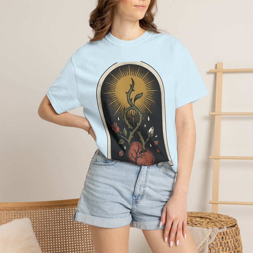 Heart Flower Shirt Holiday Spooky Gift Women Traditional Tee Floral T-Shirt Vacation Fan Folk Tshirt Horror Graphic Retro Sunburst Tshirt