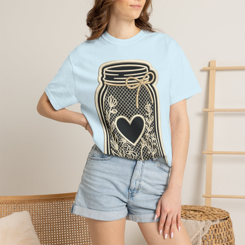 Canning Jar Heart Shirt Easter Country Gift Women Outline Tee Mason Jar T-Shirt Spring Fan Line Art Tshirt Rustic Graphic Modern Flower