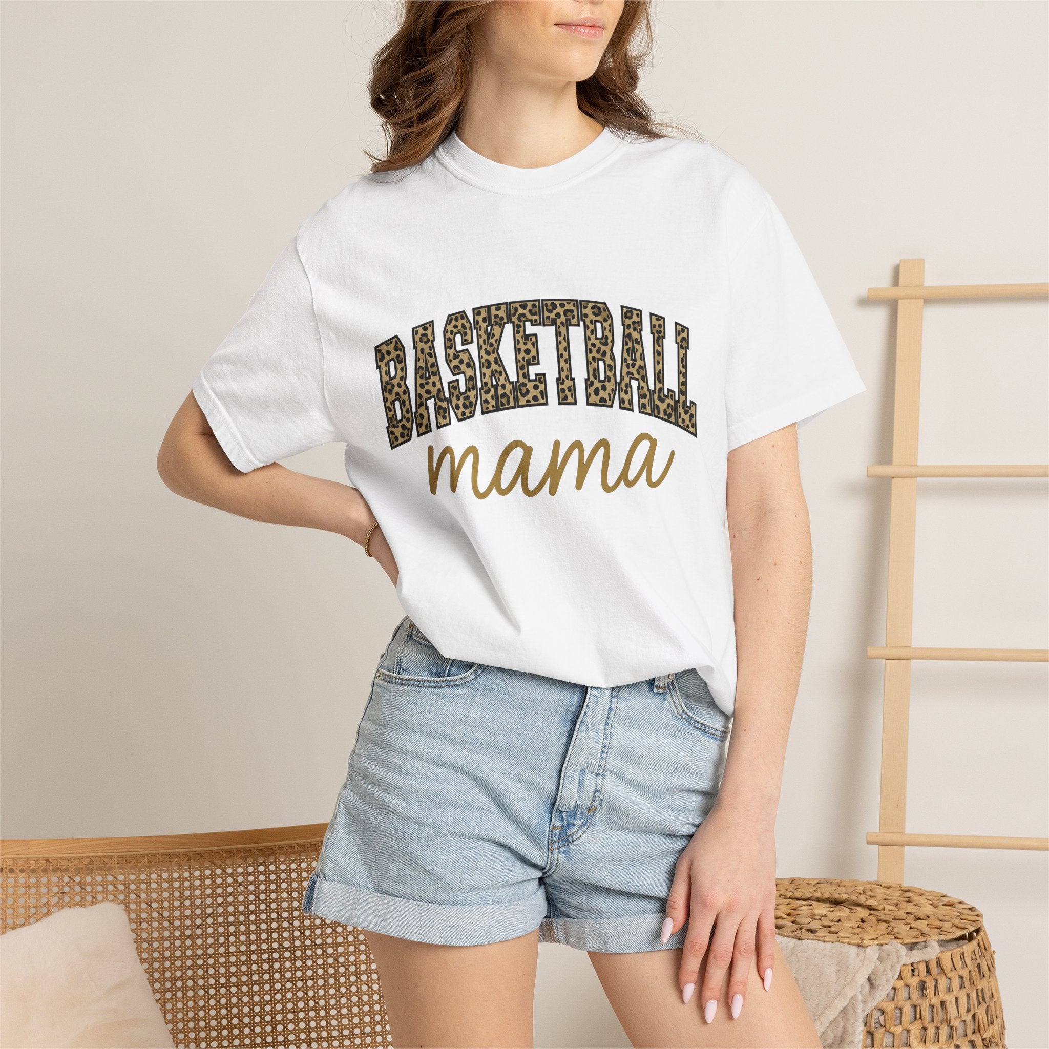 Leopard Design Basketball Font Shirt Moms Exercise Gift Women Heavy Tee Basketball Typography T-Shirt Motherhood Enthusiast Bold Tshirt