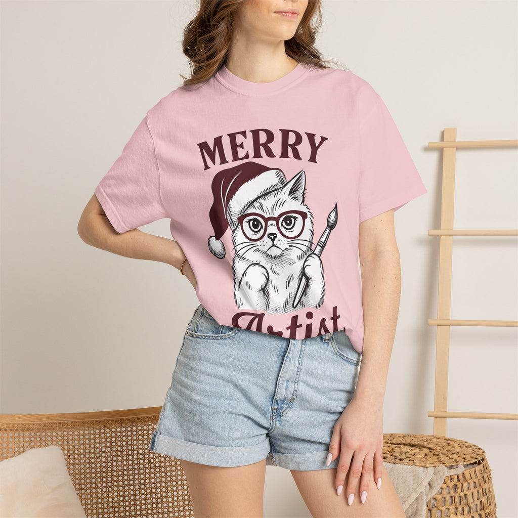 Cat Santa Hat Shirt Cat Christmas Gift Women Hand Drawn Tee Kitty Cat T-Shirt Feline Fan Illustrated Graphic Christmas Design Vintage
