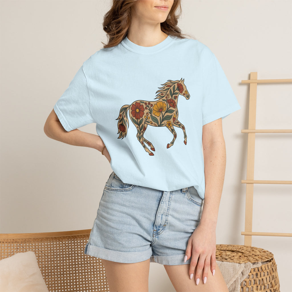 Blossom Horse Shirt Boho Chic Fauna Gift Women Folk Tee Mare T-Shirt Hippie Fan Tribal Tshirt Wildlife Graphic Hand Drawn Field Flower