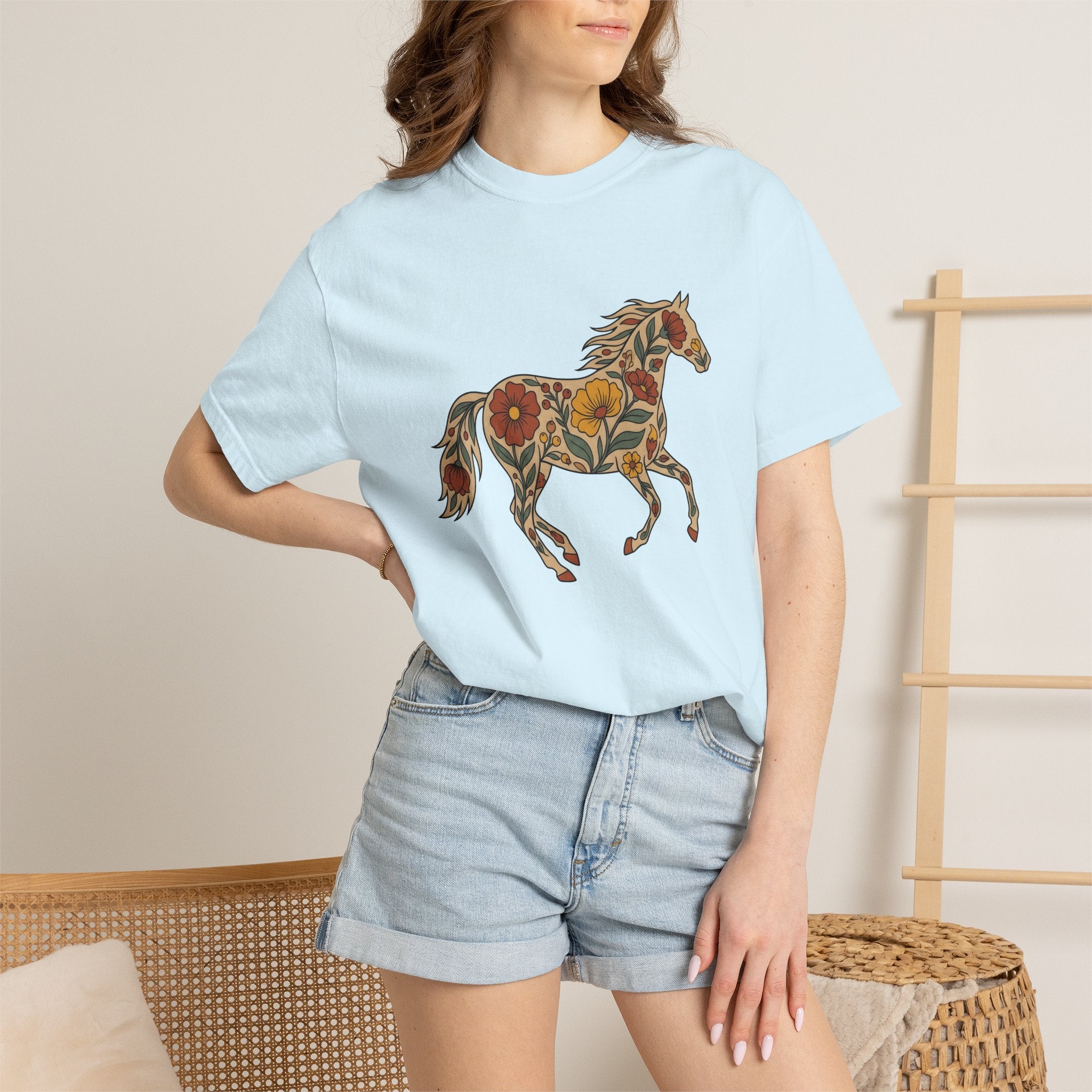 Blossom Horse Shirt Boho Chic Fauna Gift Women Folk Tee Mare T-Shirt Hippie Fan Tribal Tshirt Wildlife Graphic Hand Drawn Field Flower