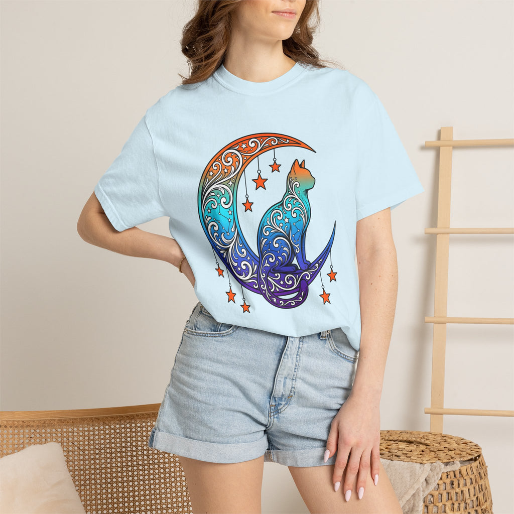 Celestial Cat Shirt Cat Moon Gift Women Boho Tee Kitty T-Shirt Cat Fan Feline Tshirt Lunar Graphic Psychedelic Stars Tshirt