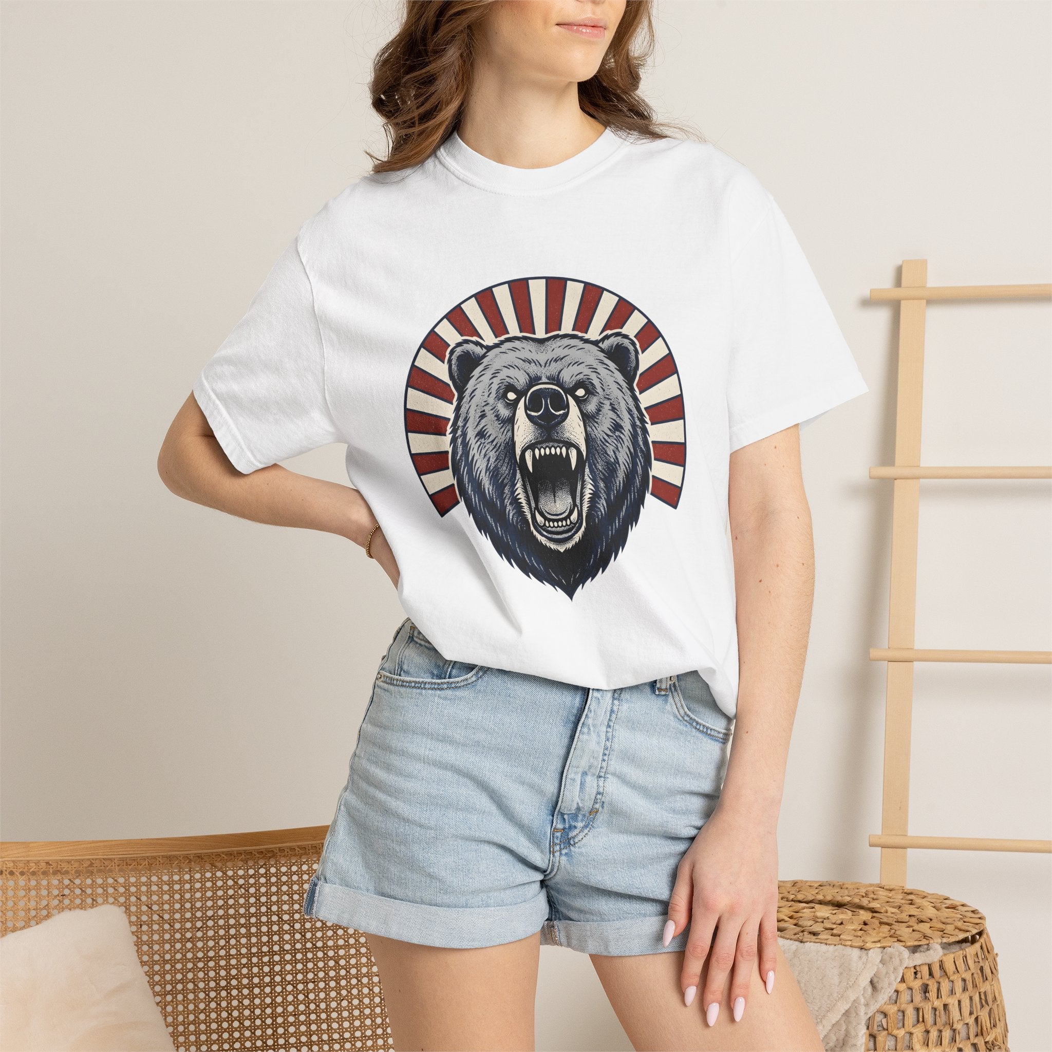 Bear Head Shirt America Patriotic Gift Women Bold Graphic Tee Bear T-Shirt American Fan Graphic Tshirt Star Graphic Vintage Sunburst Tshirt