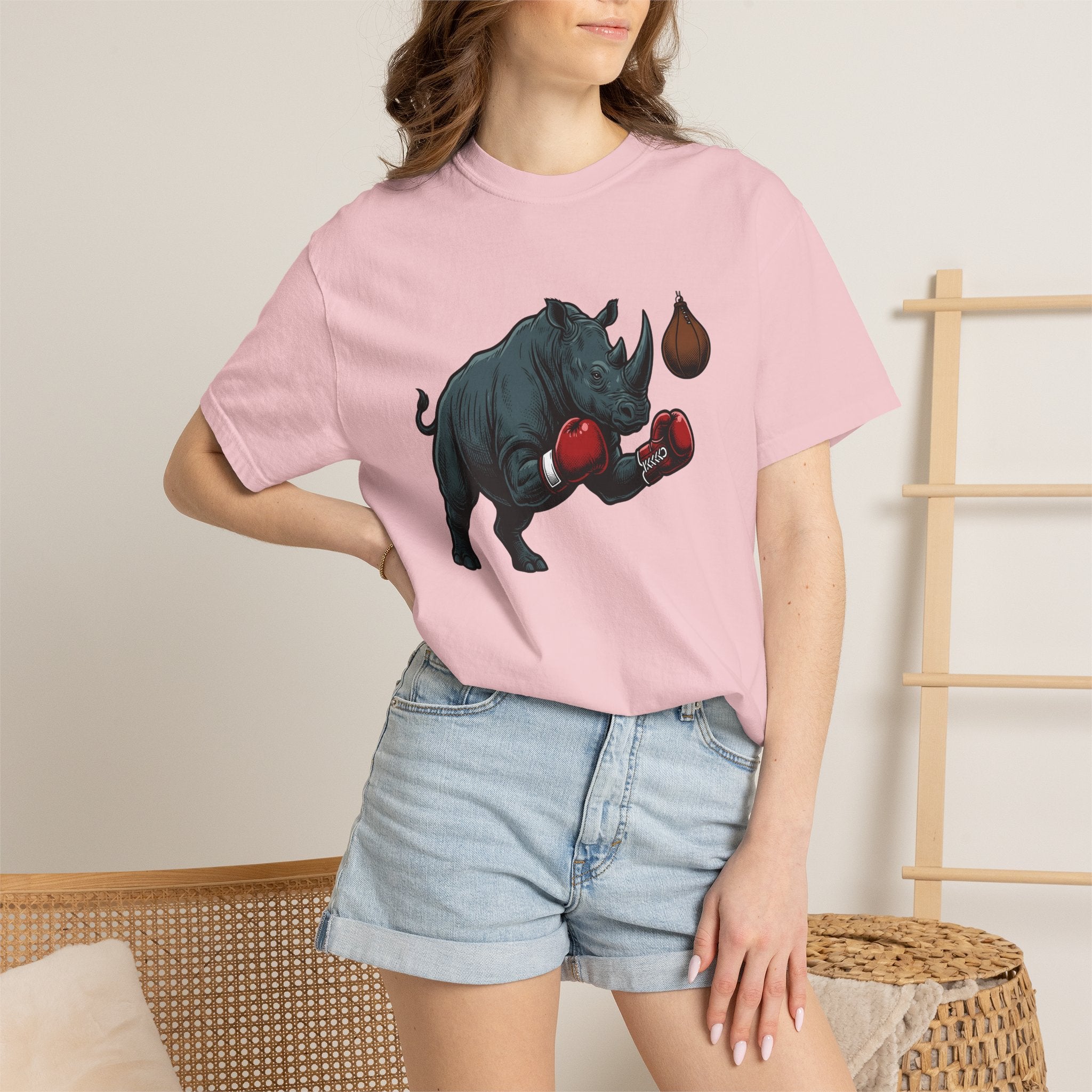 Rhino Fighter Shirt Sports Fauna Gift Women Distressed Tee Rhinoceros T-Shirt Athlete Fan Rhinoceros Graphic Line Art Punching Bag Tshirt