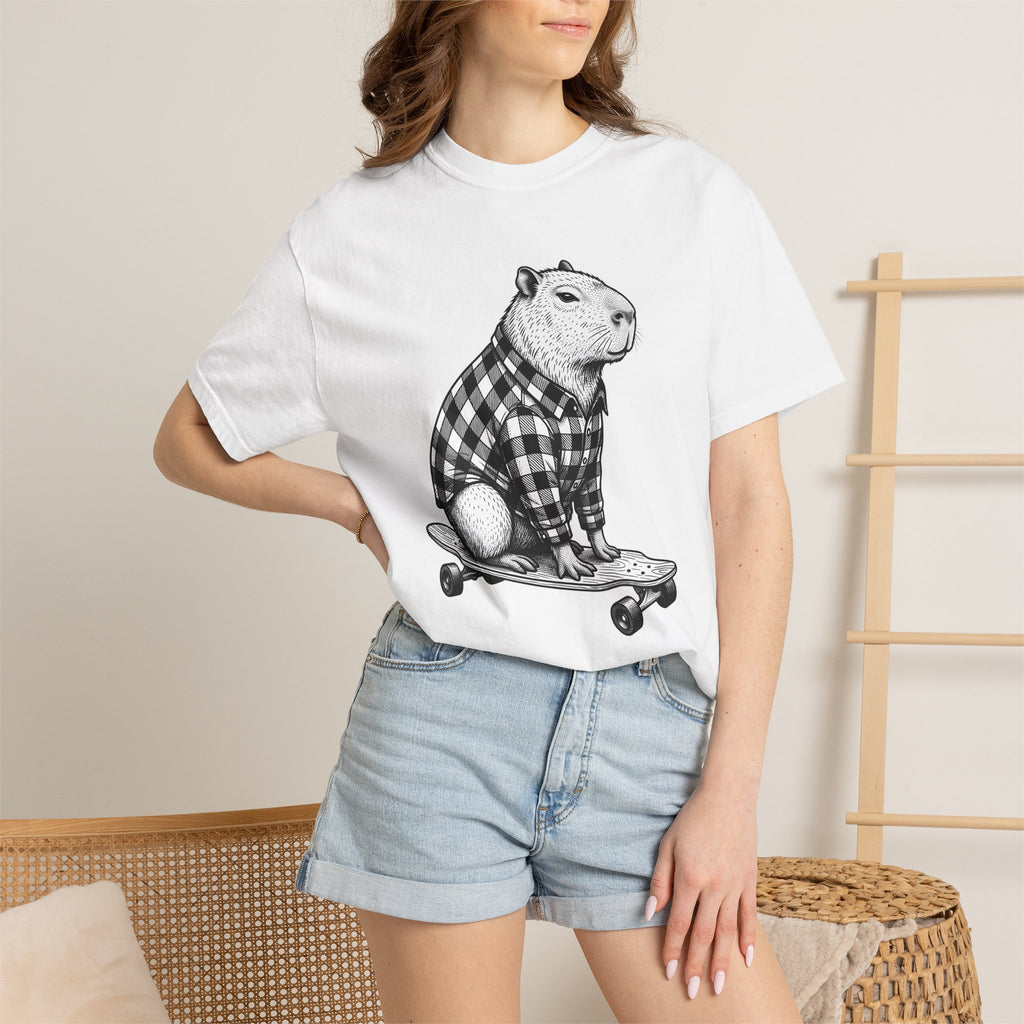 Capybara Skateboard Shirt Animals Comedy Gift Women Doodle Tee Rodent T-Shirt Wildlife Fan Cartoon Tshirt Humor Graphic Classic Plaid