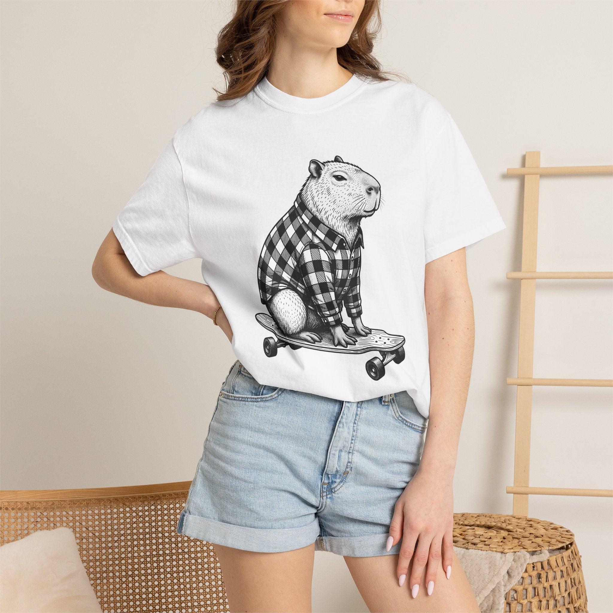 Capybara Skateboard Shirt Animals Comedy Gift Women Doodle Tee Rodent T-Shirt Wildlife Fan Cartoon Tshirt Humor Graphic Classic Plaid