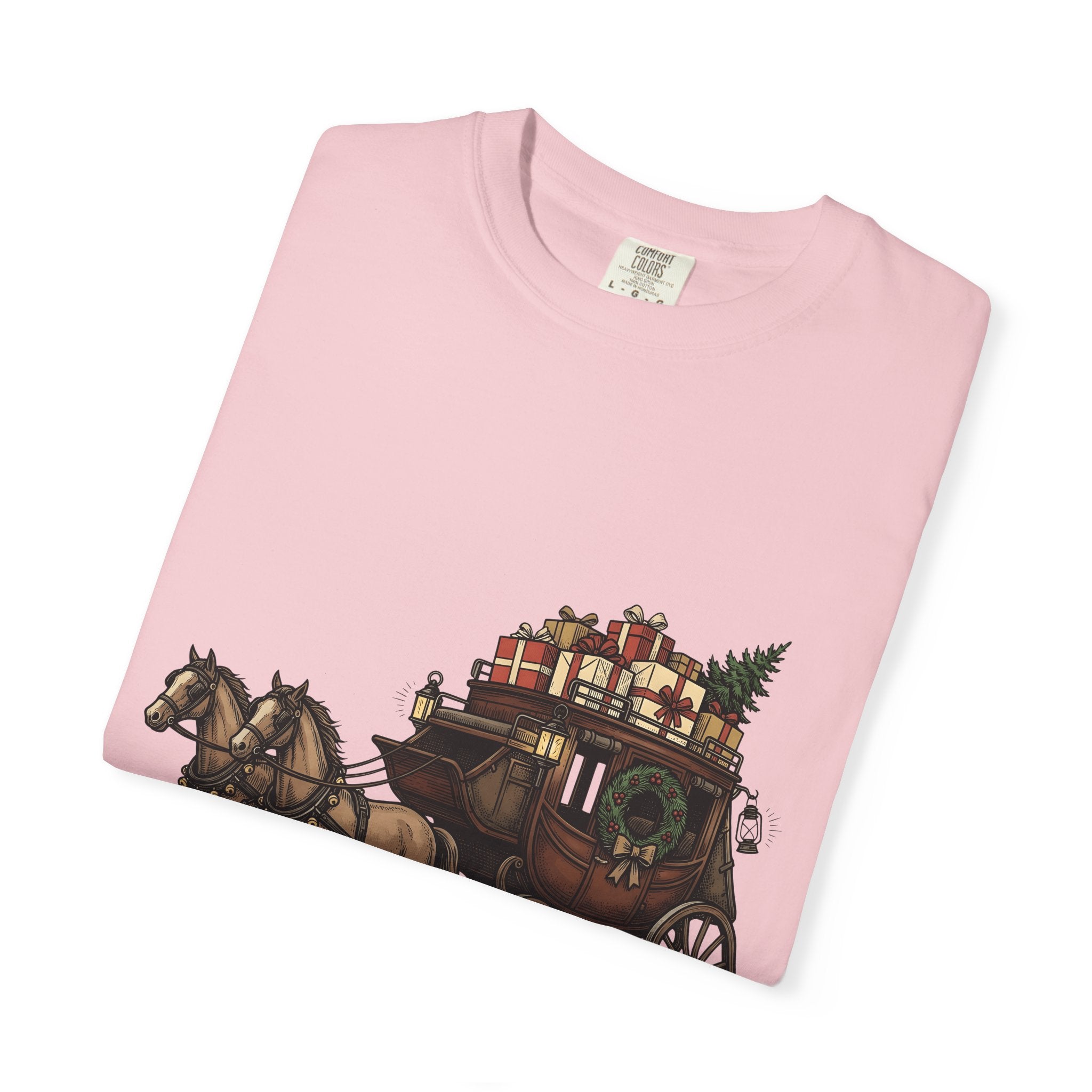 Horse Wagon Shirt Christmas Festive Gift Women Retro Tee Carriage T-Shirt Holiday Fan Vintage Tshirt Cheerful Graphic Sketch Present Boxes