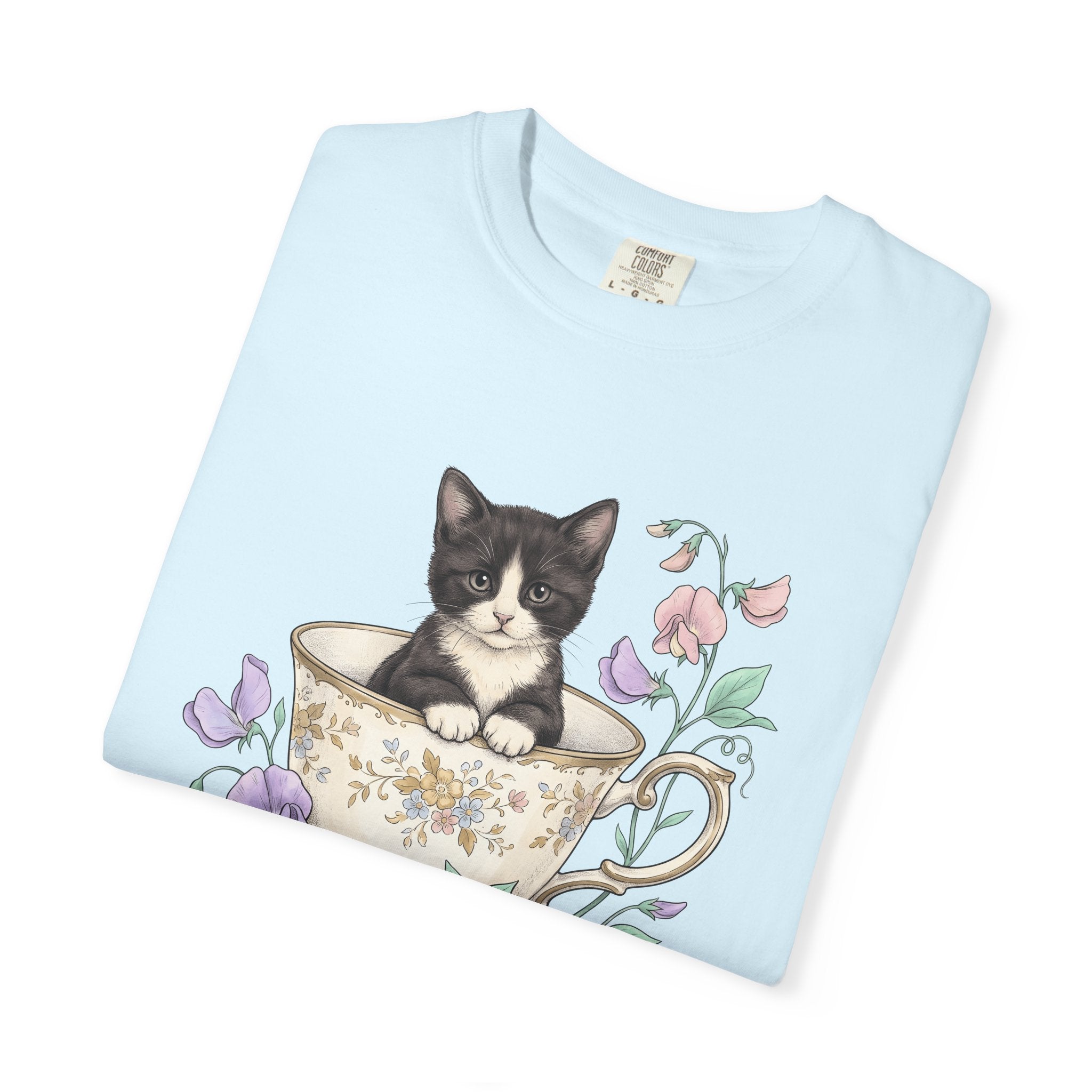 Cat Teacup Shirt Cat Leaves Gift Women Floral Design Tee Kitty T-Shirt Feline Fan Floral Tshirt Foliage Graphic Shabby Chic Petals Tshirt