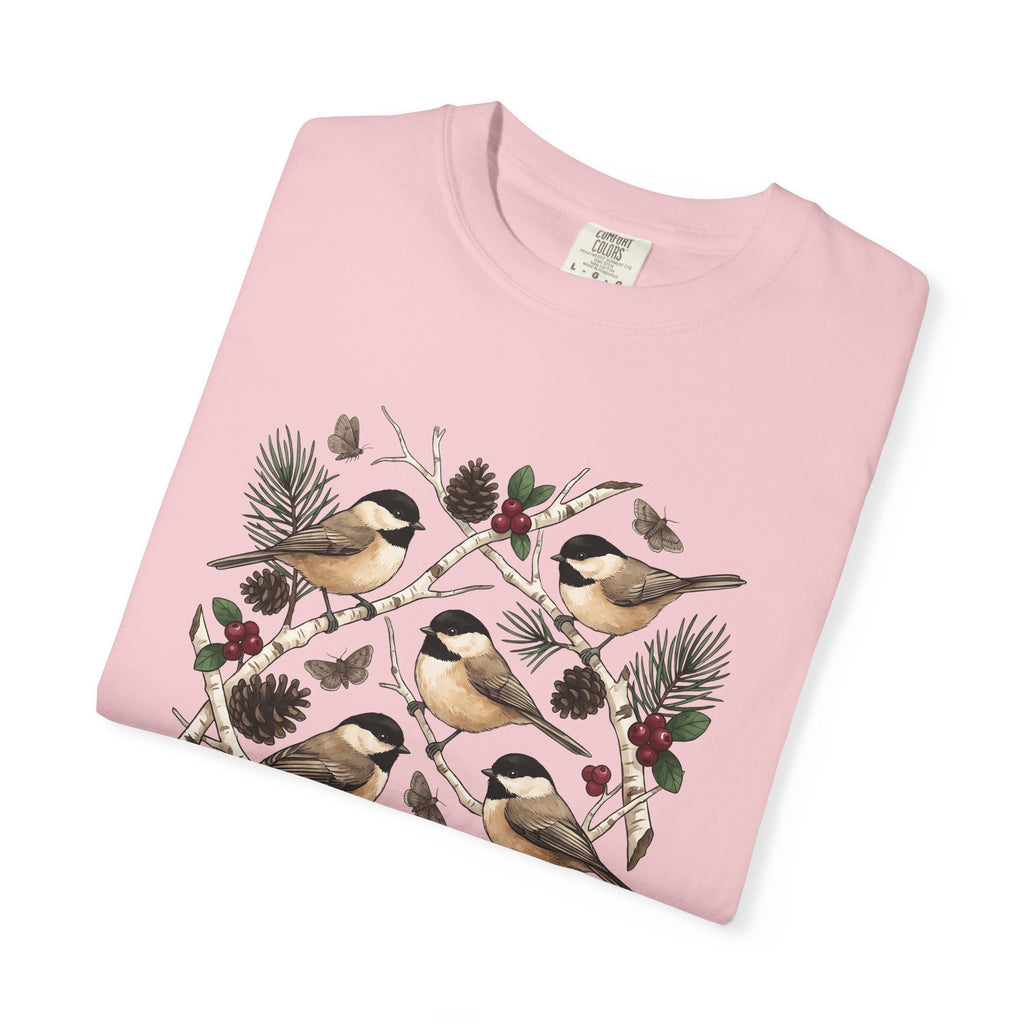 Chickadee Bird Shirt Animals & Flowers Outdoors Gift Women Herbaceous Tee Titmouse T-Shirt Wildlife Enthusiast Botanical Tshirt Nature