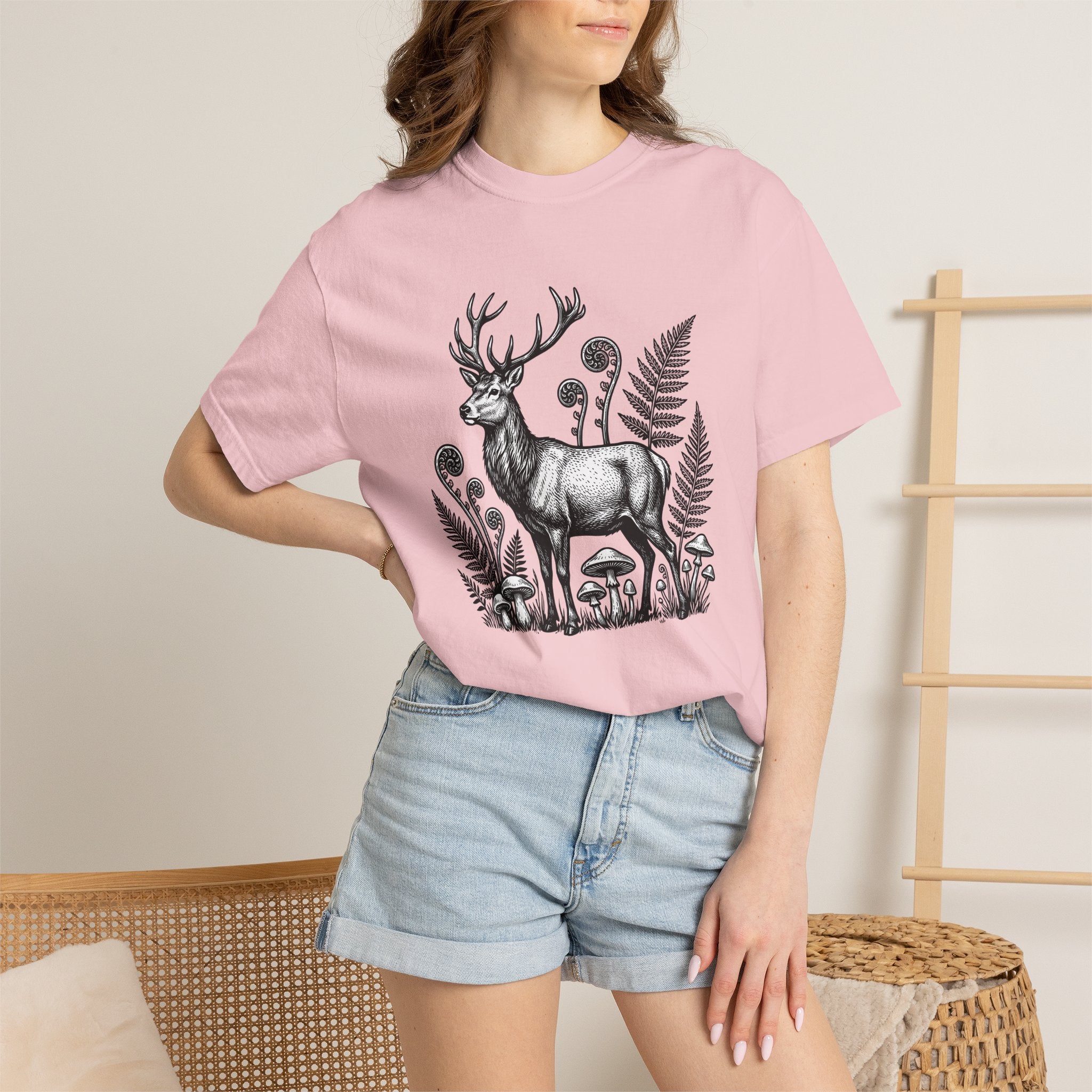 Stag Forest Shirt Nature Animal Gift Women Hand Drawn Tee Deer T-Shirt Wildlife Enthusiast Illustrated Graphic Deer Design Vintage Mushrooms