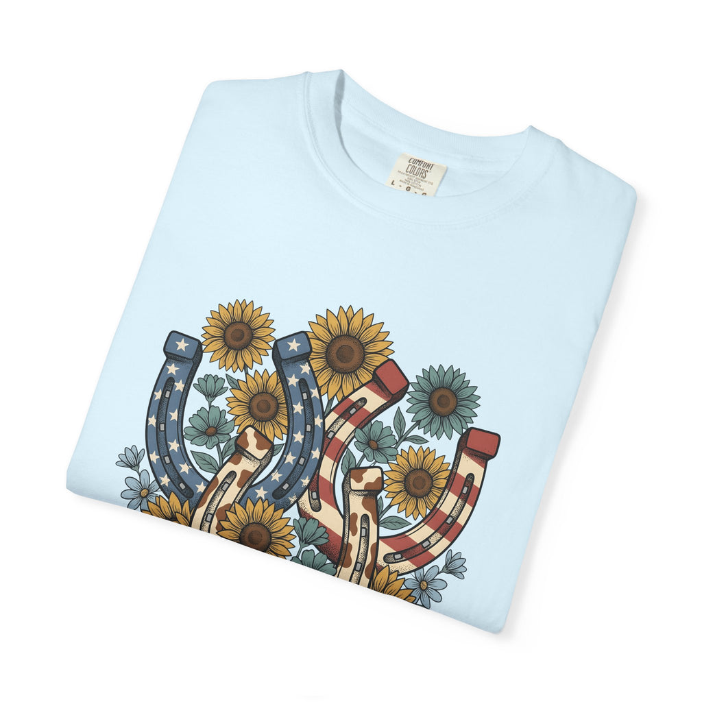 Horseshoe Sunflower Shirt America Frontier Gift Women Folk Tee Sunflower T-Shirt American Fan Folk Art Tshirt Pioneering Graphic Classic