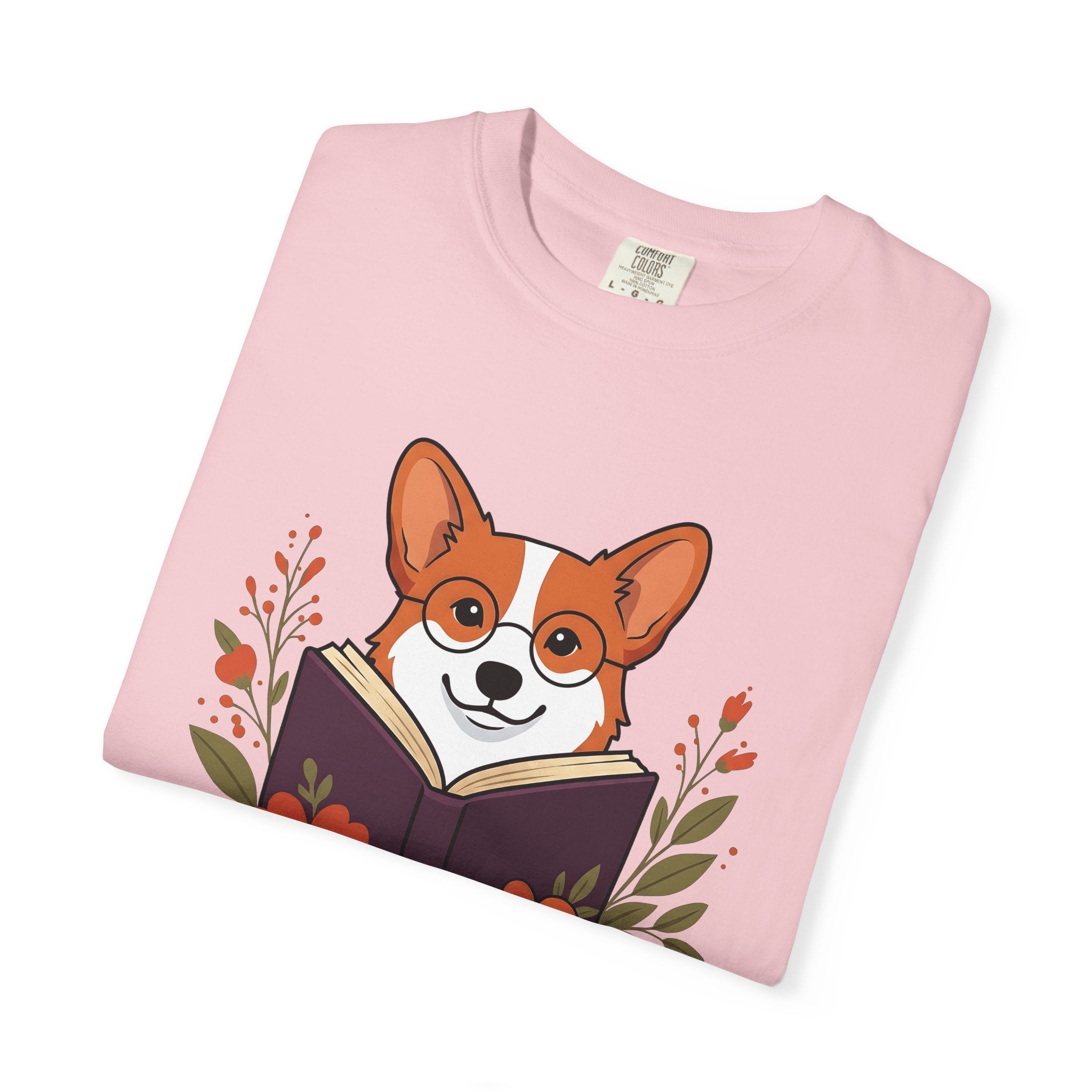 Corgi Pet Book Shirt Dog Literature Gift Women Illustration Tee Bookworm T-Shirt Dog Fan Artistic Tshirt Bibliophile Graphic Doodle Blossoms