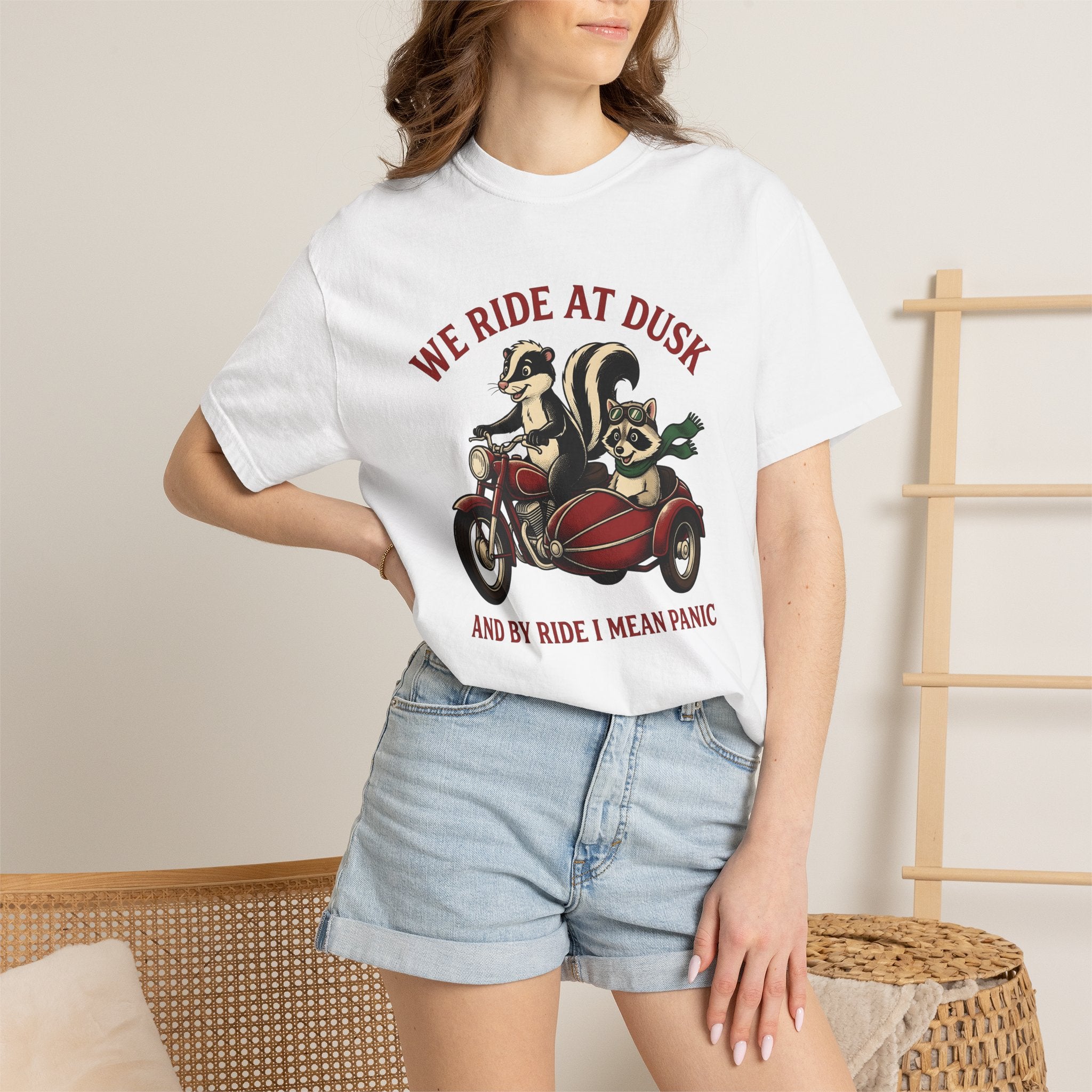 Skunk Raccoon Motorbike Shirt Funny Critter Gift Women Animated Tee Raccoon T-Shirt Humor Fan Cartoon Tshirt Animal Graphic Old School Side