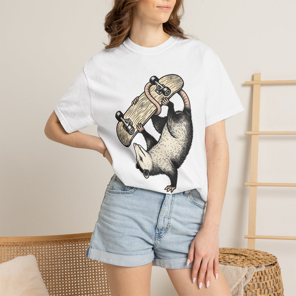 Night Possum Skateboard Shirt Animals Action Sports Gift Women Cartoon Tee Possum T-Shirt Wildlife Enthusiast Toon Tshirt Extreme Sports