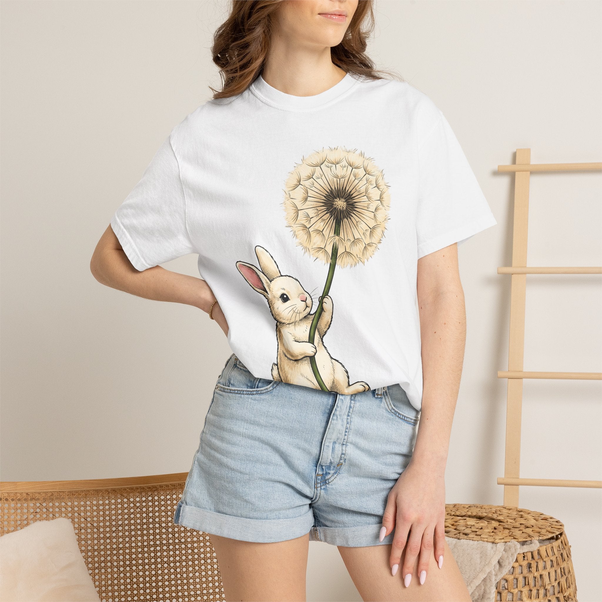 Bunny Dandelion Shirt Cute Animal Gift Women Whimsical Tee Rabbit T-Shirt Kawaii Fan Cartoon Tshirt Creature Graphic Hand Drawn Flower