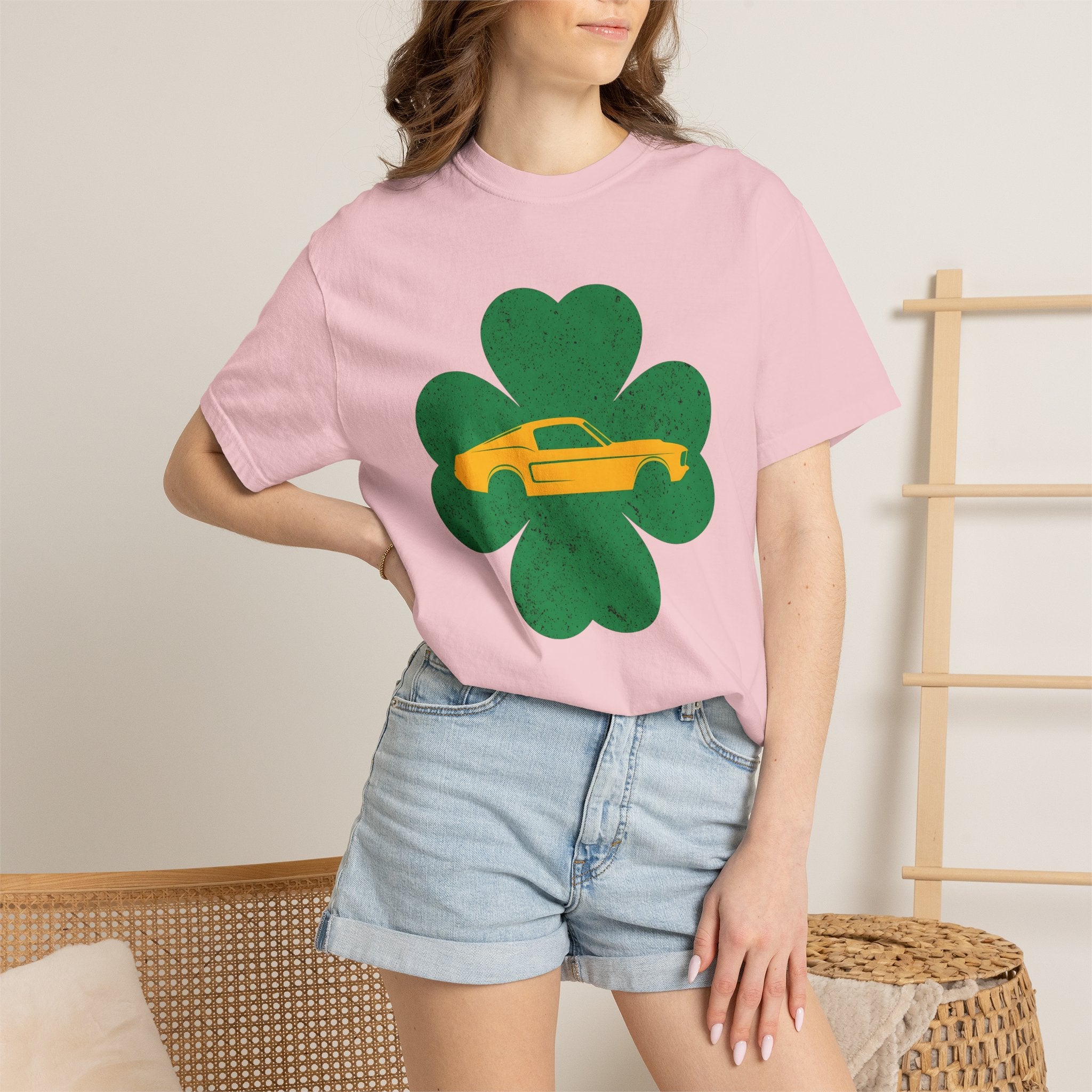 Vintage Muscle Car Clover Shirt St Patrick's Day Transport Gift Women Sketch Tee Muscle Car T-Shirt Patrick's Day Enthusiast Drawing