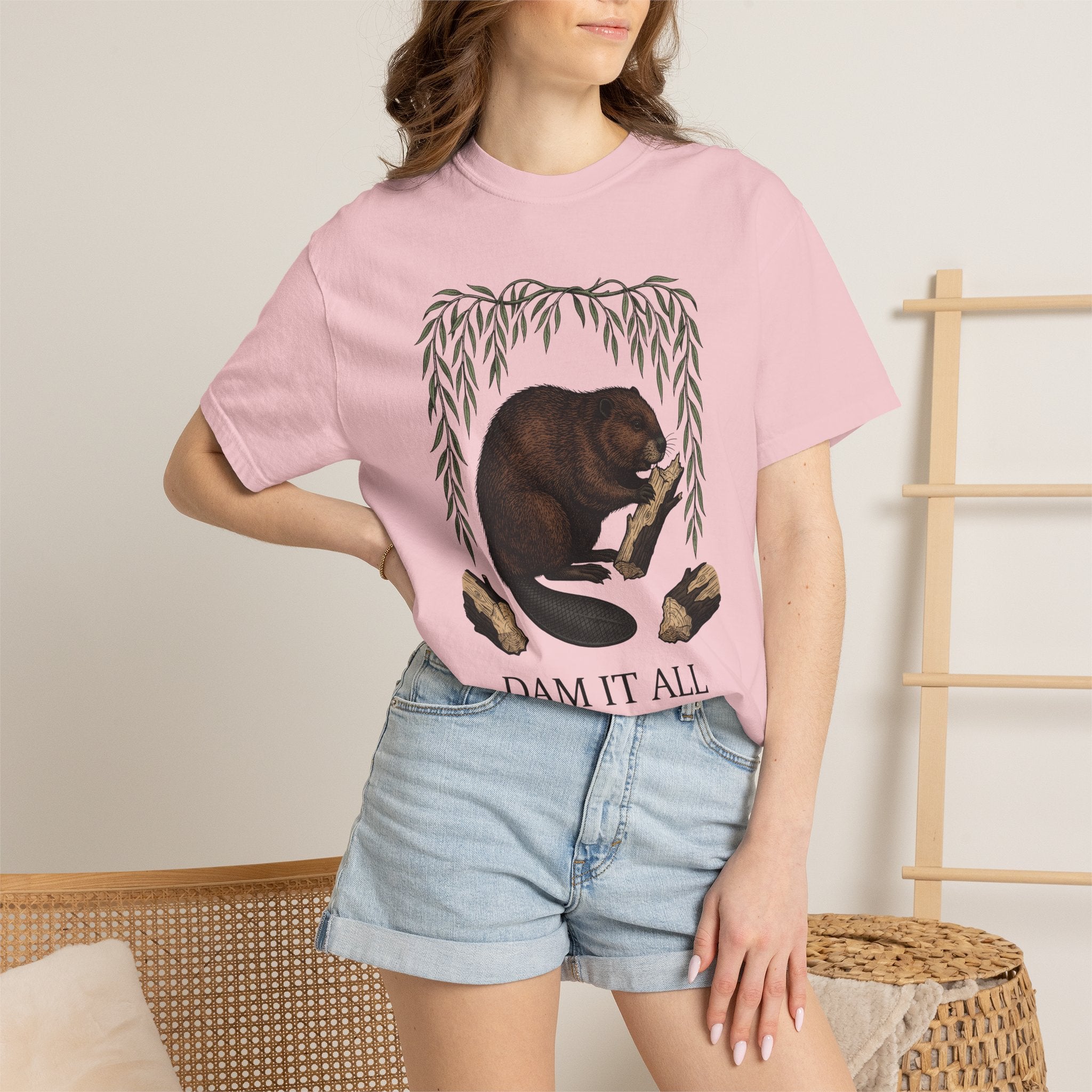 Beaver Artwork Shirt Animals Environment Gift Women Old School Tee Beaver T-Shirt Wildlife Fan Vintage Tshirt Eco Graphic Ink Willow Leaves