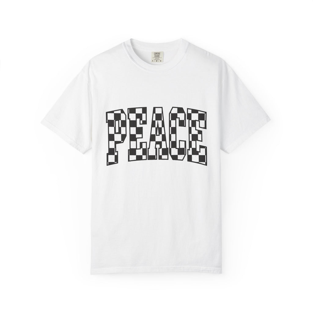 Checkered Text Shirt Peace Inspirational Gift Women Bold Tee Plaid T-Shirt Harmony Fan Graphic Design Minimalist Retro Pattern Tshirt