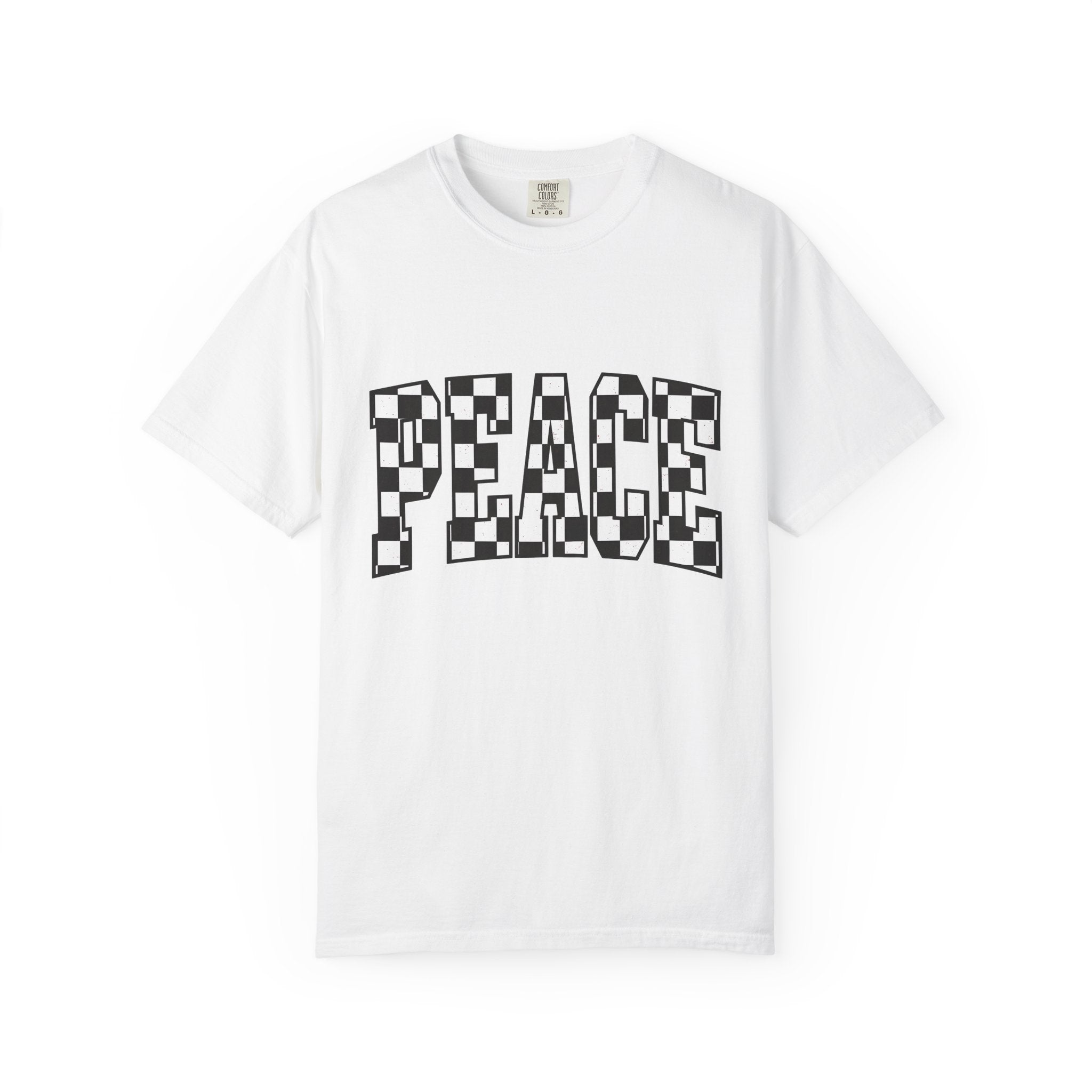 Checkered Text Shirt Peace Inspirational Gift Women Bold Tee Plaid T-Shirt Harmony Fan Graphic Design Minimalist Retro Pattern Tshirt