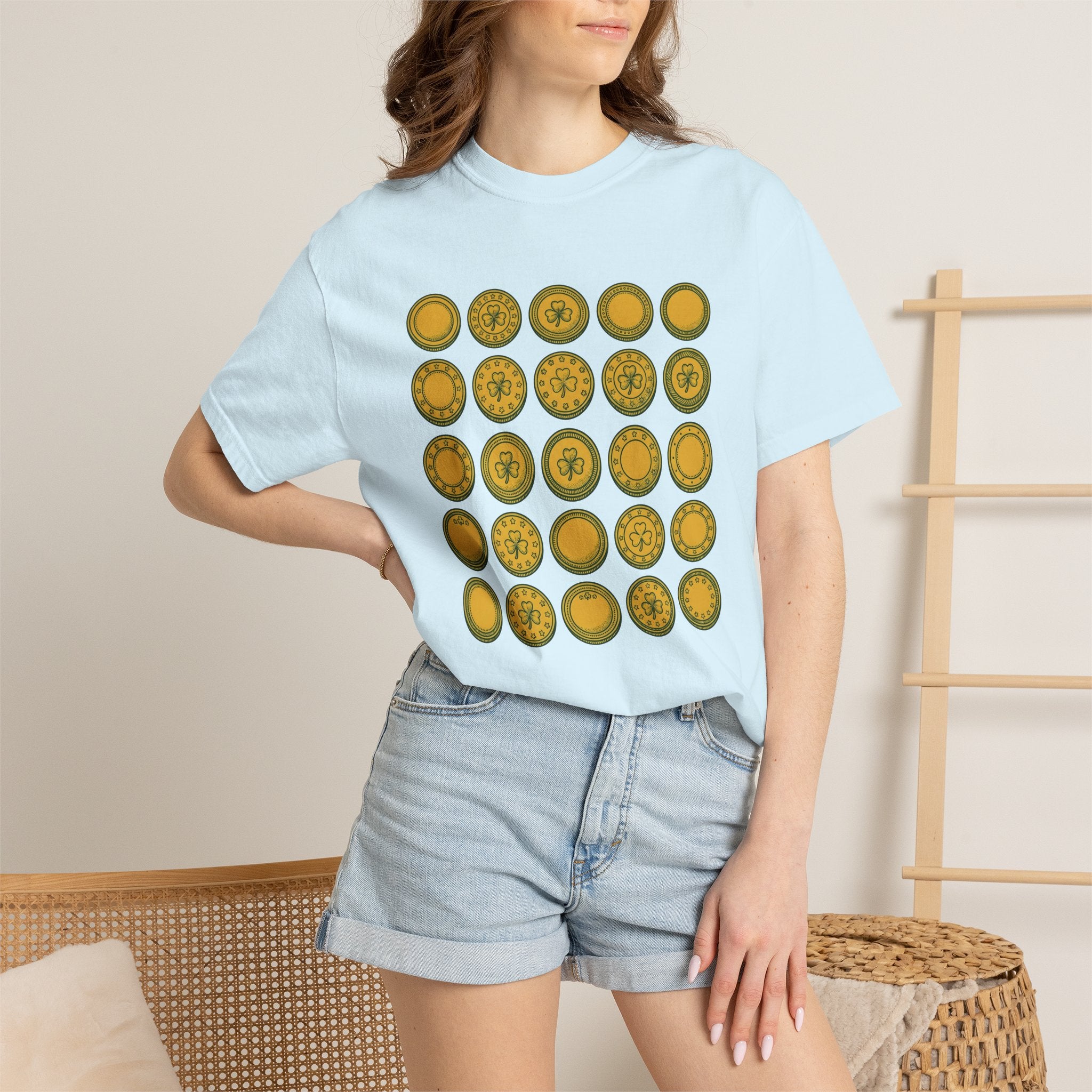 Gold Coins Shirt St Patrick's Day Luck Gift Women Doodle Tee Treasure T-Shirt St Patricks Fan Handdrawn Tshirt Fortune Graphic Vintage