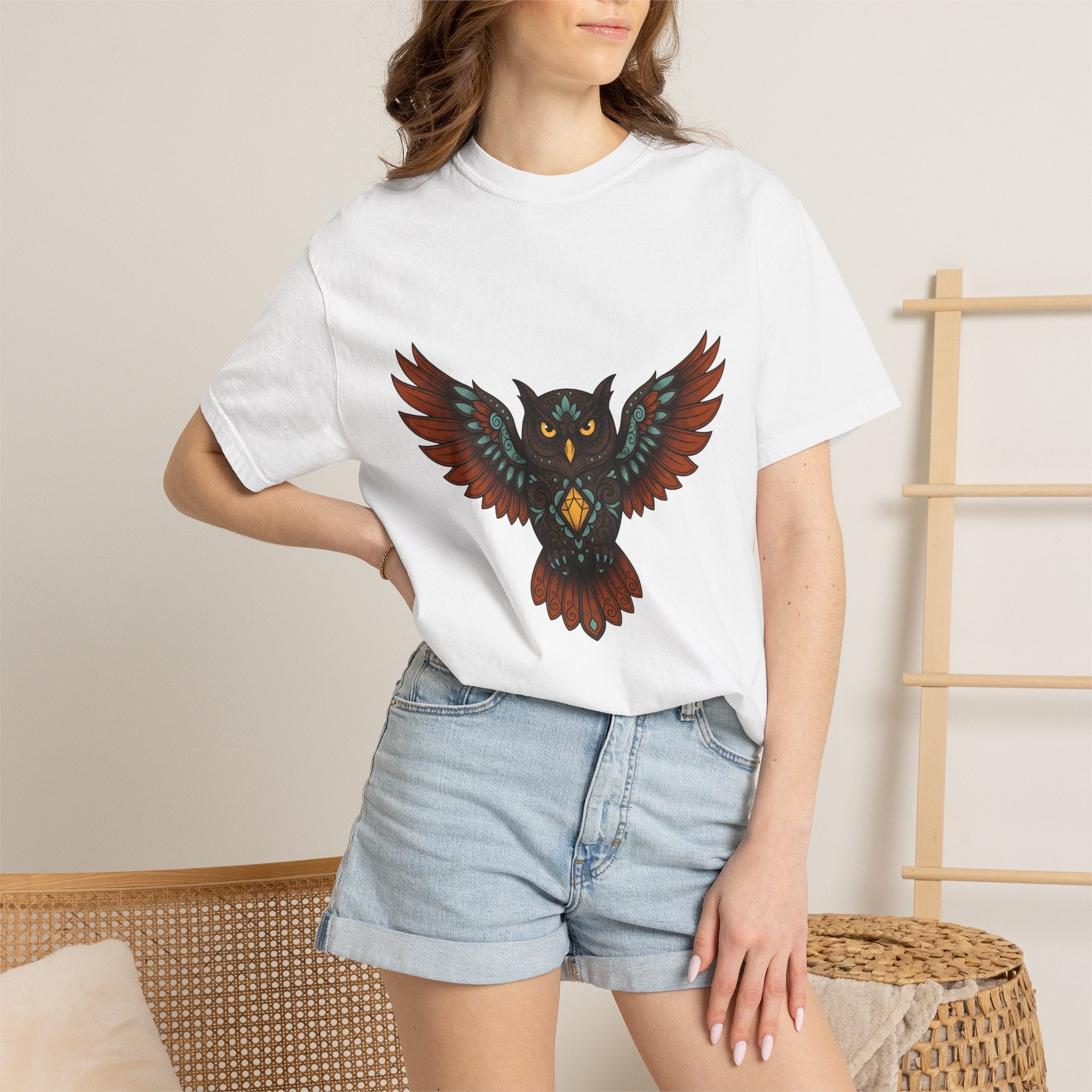 Owl Illustration Shirt Boho Chic Wildlife Gift Women Tribal Tee Hoot Owl T-Shirt Bohemian Fan Ethnic Tshirt Animal Graphic Zen Crystal