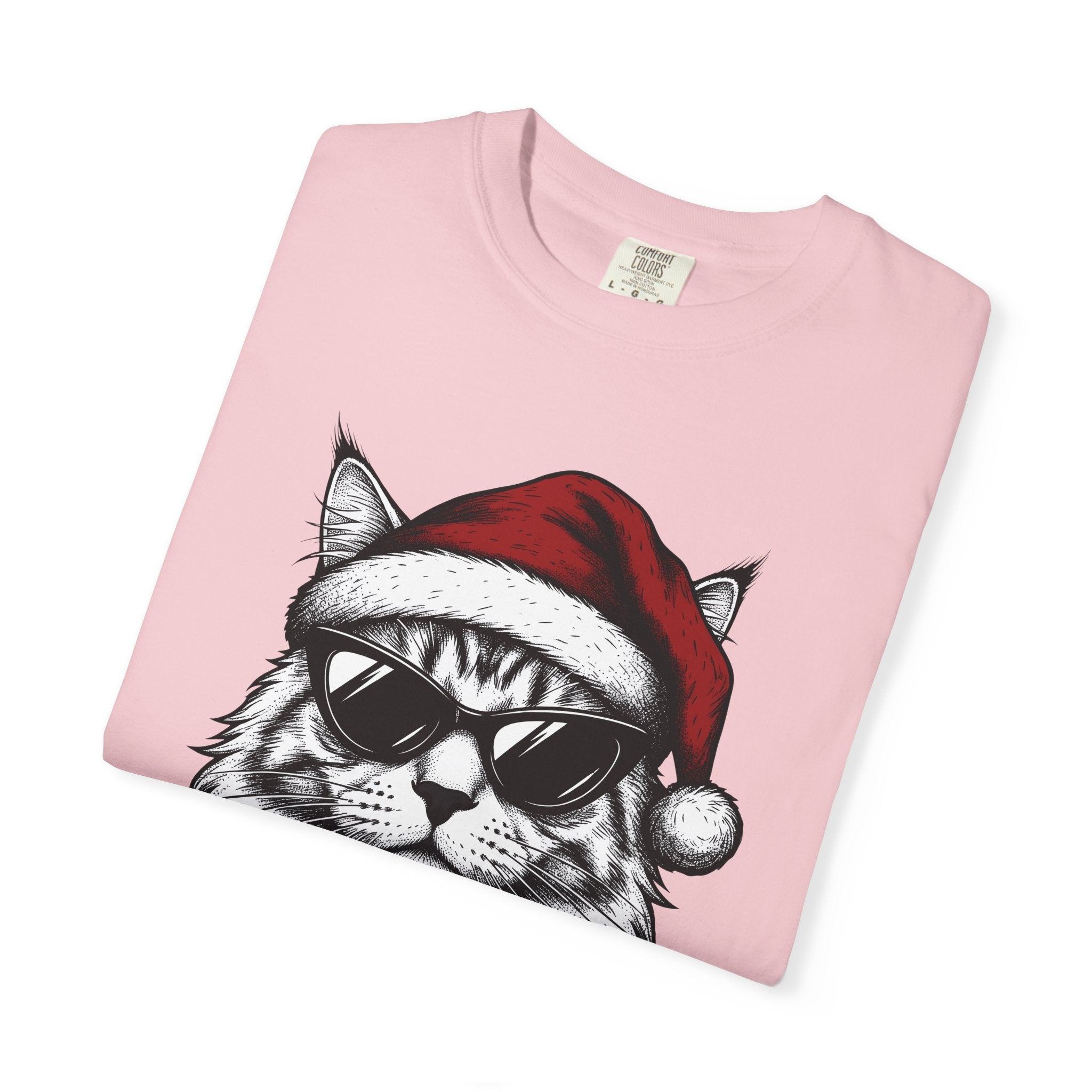 Kitten Santa Hat Shirt Christmas Animal Gift Women Line Art Tee Kitten Santa Hat T-Shirt Christmas Fan Kitty Graphic Cartoon Shades Tshirt