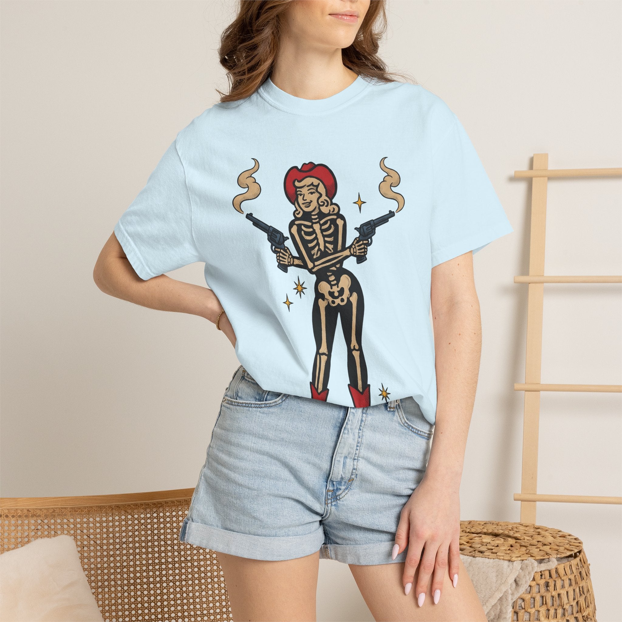 Skull Cowgirl Shirt Cowgirl Fall Gift Women Illustrative Tattoo Tee Sugar Skull T-Shirt Rodeo Fan Tattooed Tshirt Autumn Graphic Old School