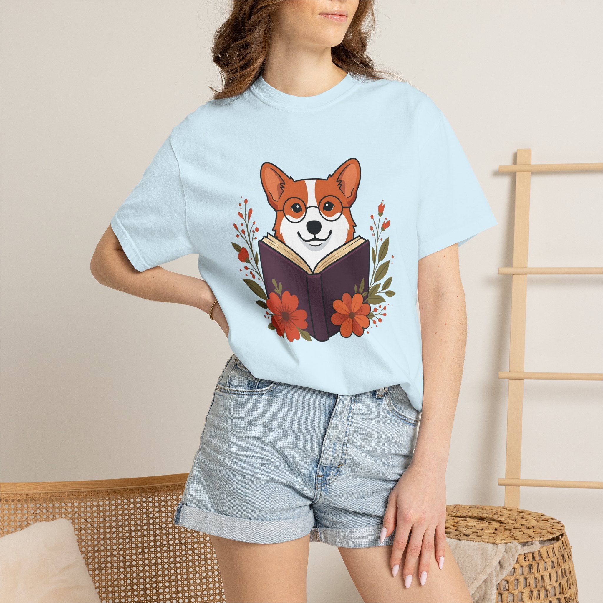 Corgi Pet Book Shirt Dog Literature Gift Women Illustration Tee Bookworm T-Shirt Dog Fan Artistic Tshirt Bibliophile Graphic Doodle Blossoms