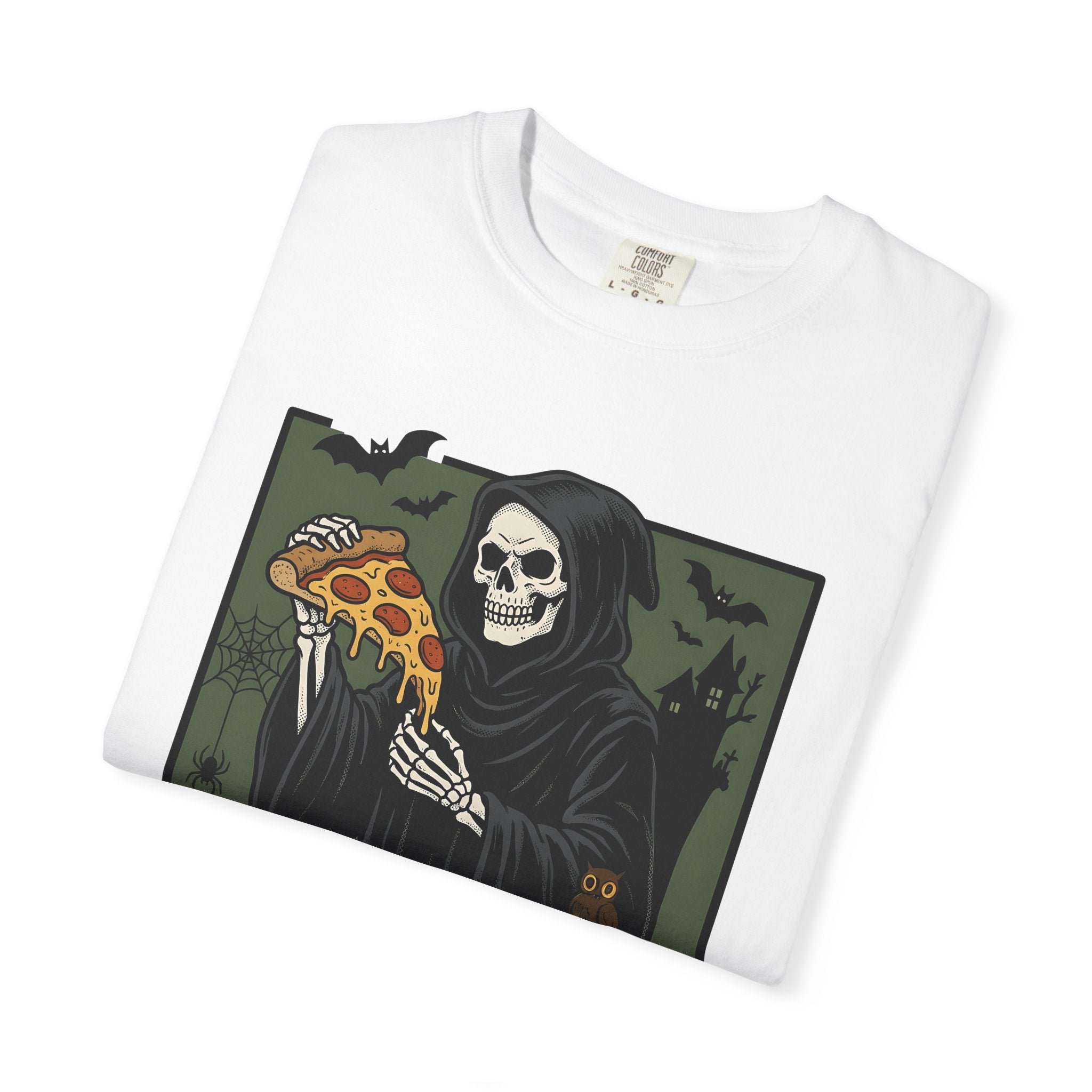Death Skeleton Pizza Shirt Halloween Macabre Gift Women Classic Tee Skeleton Pizza T-Shirt Horror Fan Spooky Tshirt Dark Graphic Old School