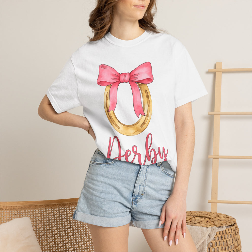 Horseshoe Bow Shirt Derby Racing Gift Women Artistic Tee Horseshoe T-Shirt Racetrack Fan Artistic Tshirt Racing Graphic Outline Band Tshirt