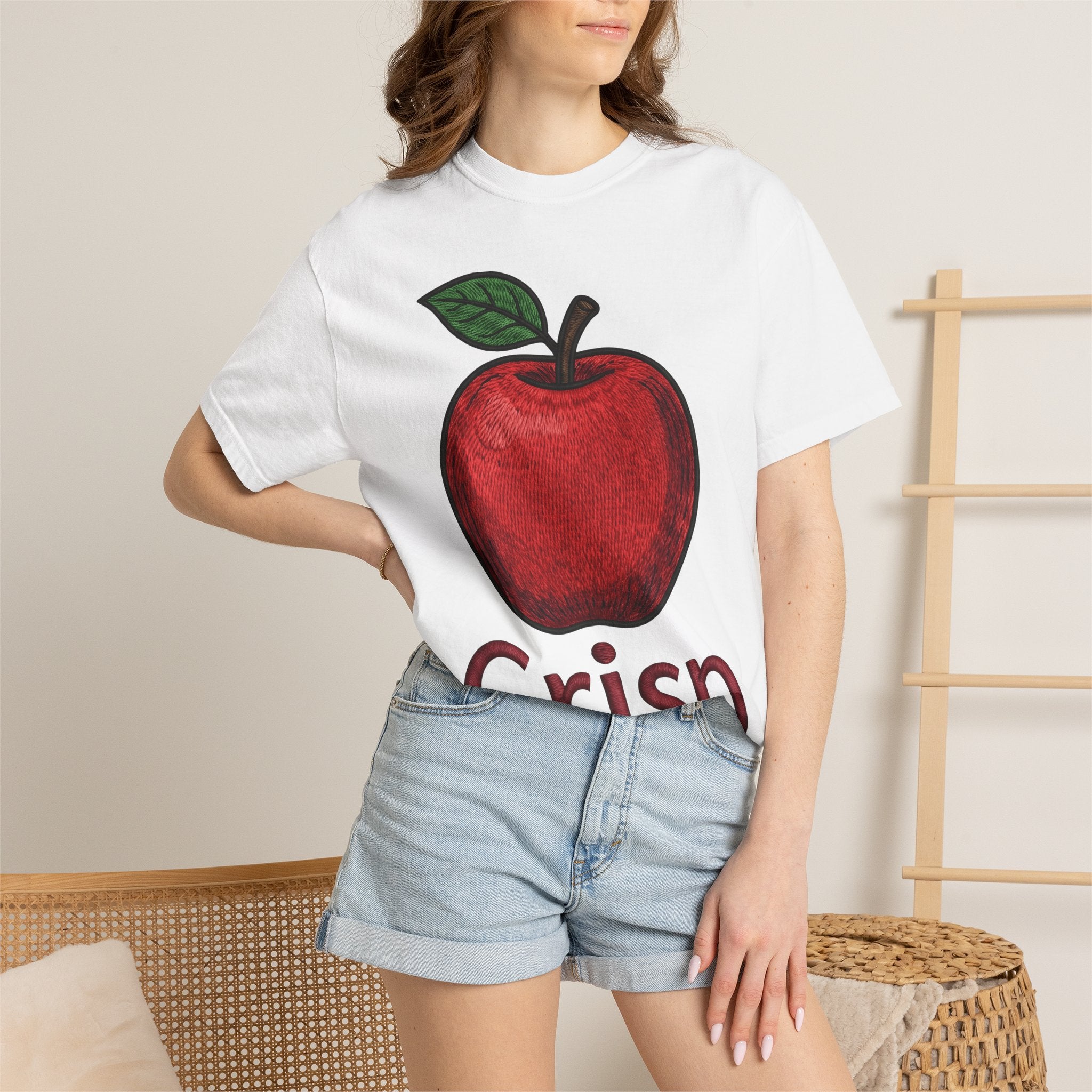 Apple Art Shirt Fruit Cooking Gift Women Sewn Tee Apple T-Shirt Fruit Fan Embroidery Design Cooking Graphic Doodle Greenery Tshirt