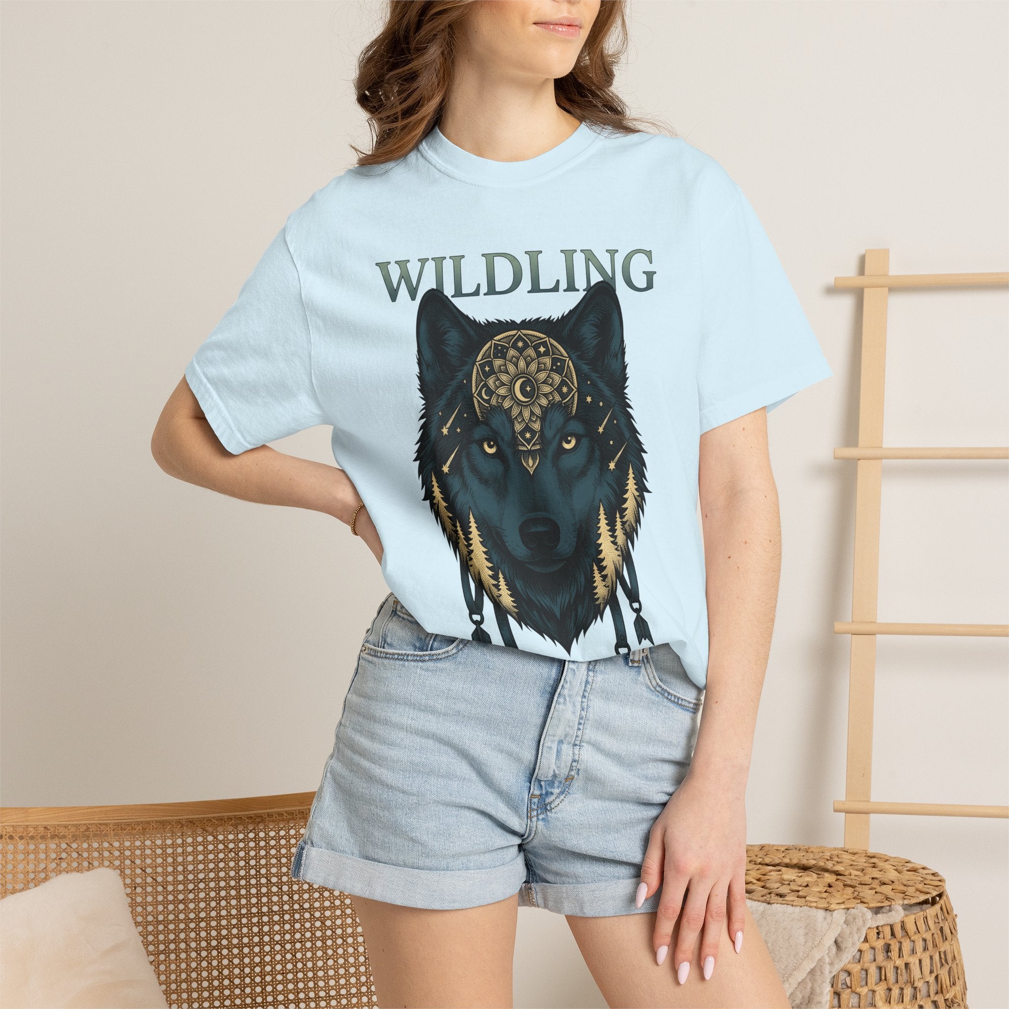 Wolf Pattern Shirt Boho Chic Fauna Gift Women Tribal Tee Wolf T-Shirt Bohemian Fan Primitive Tshirt Wildlife Graphic Classic Fir Trees