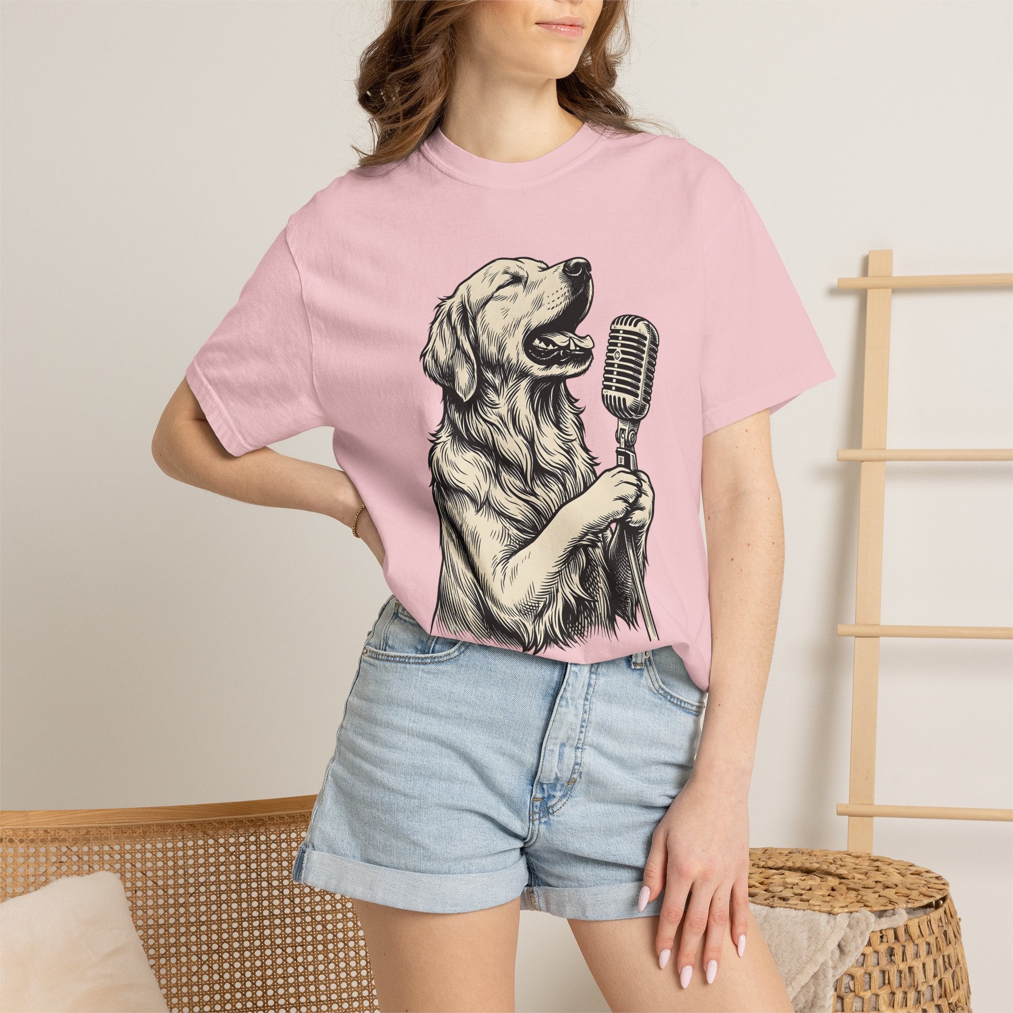 Golden Retriever Shirt Dog Guitar Gift Women Line Art Tee Retriever T-Shirt Dog Fan Illustrated Graphic Tshirt Hand Drawn Microphone Tshirt