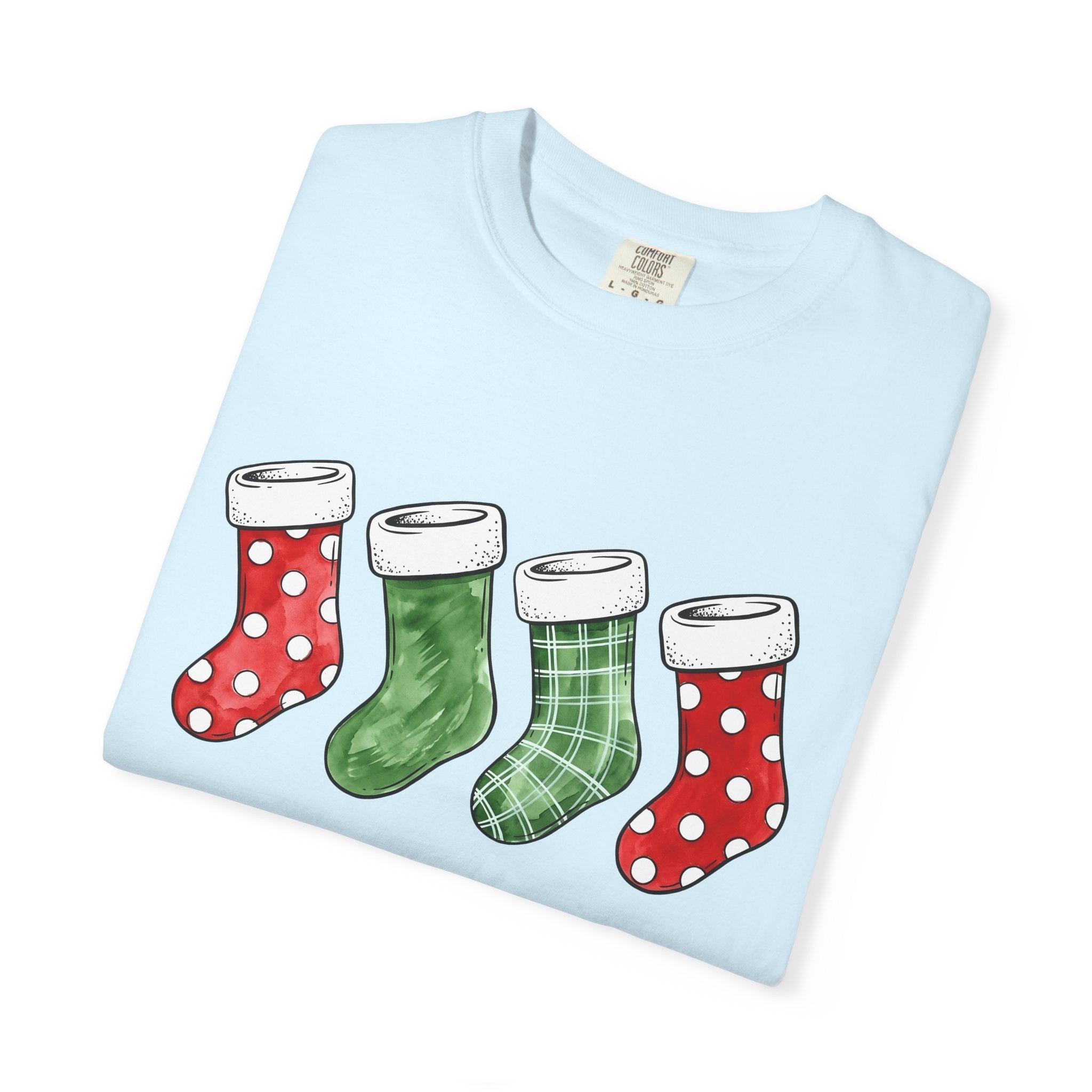 Christmas Stockings Shirt Christmas Holiday Gift Women Watercolor Tee Stocking T-Shirt Xmas Fan Watercolour Tshirt Seasonal Graphic Sketch