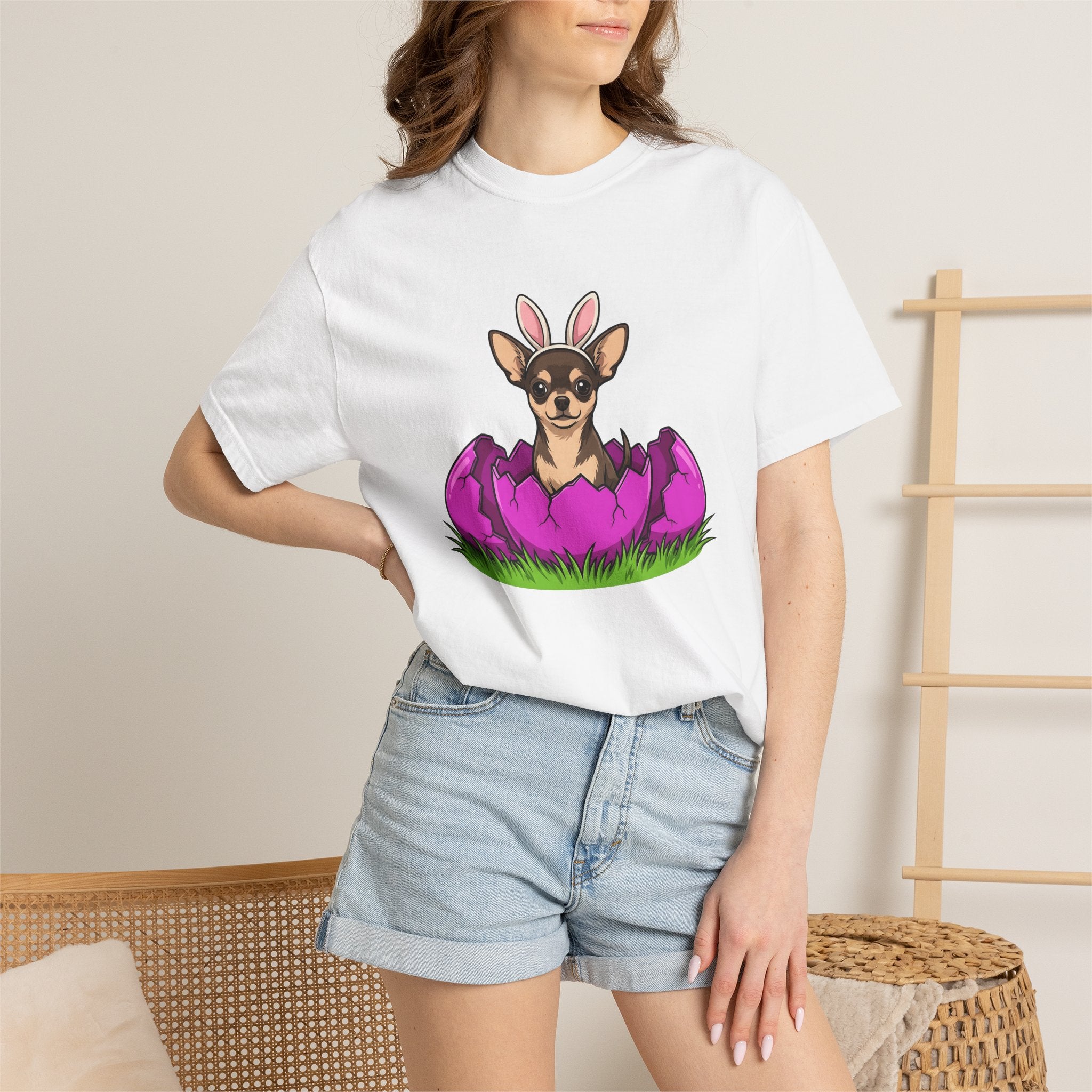 Chihuahua Bunny Ears Shirt Dog Holiday Gift Women Cartoon Tee Puppy T-Shirt Dog Fan Comic Tshirt Easter Graphic Kawaii Easter Egg Tshirt