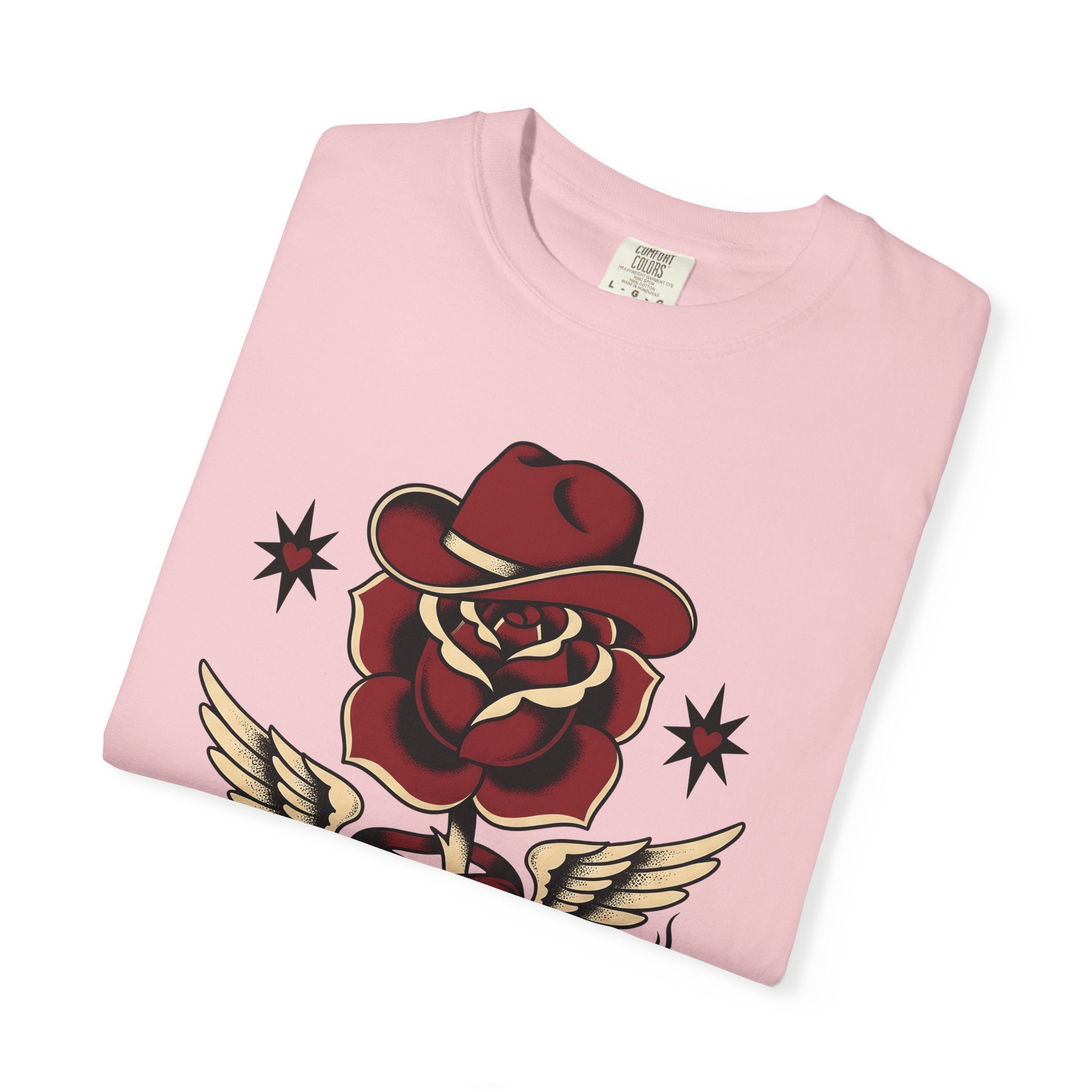 Rose Cowboy Hat Shirt Western Floral Gift Women Tattoo Tee Cowboy Hat T-Shirt Rodeo Fan Tattooed Tshirt Flower Graphic Vintage Wings Tshirt