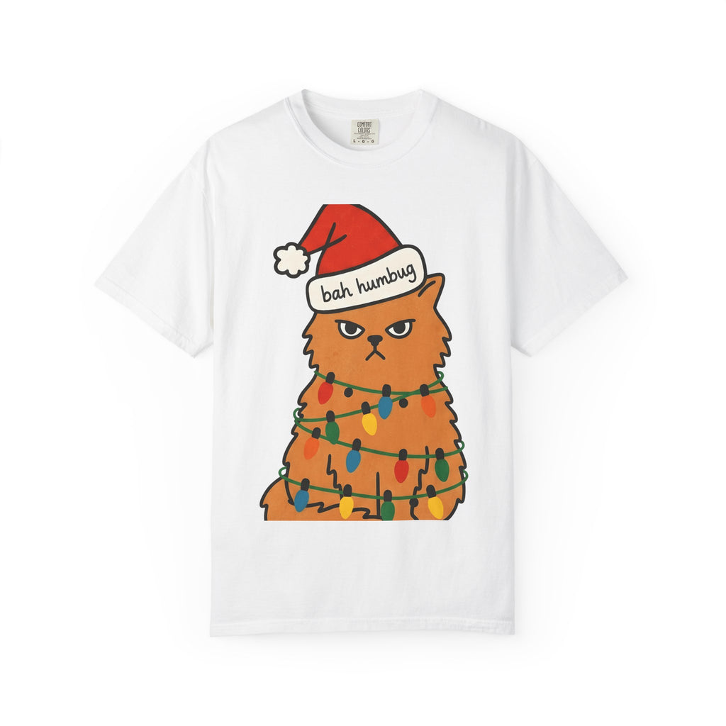 Annoyed Cat Shirt Christmas Comedy Gift Women Illustration Tee Kitty T-Shirt Xmas Fan Feline Tshirt Humor Graphic Sketch Festive Lights