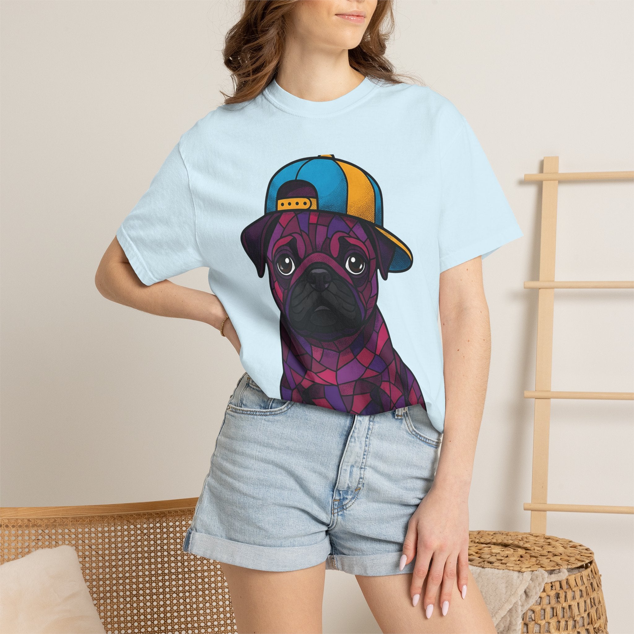 Pug Puppy Shirt Dog Casual Wear Gift Women Stained Glass Tee Pugs T-Shirt Dog Fan Mosaic Tshirt Streetwear Graphic Cartoon Baseball Hat