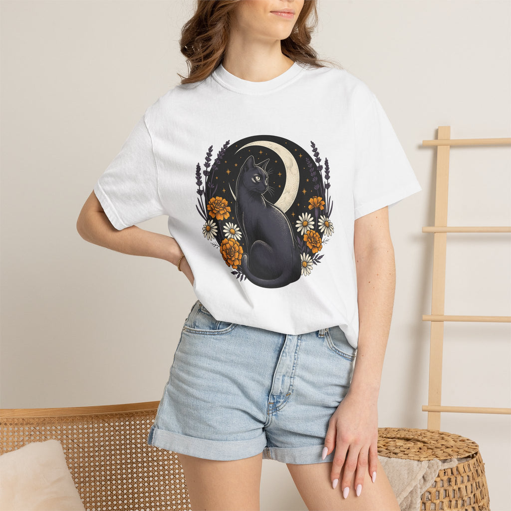 Black Kitten Shirt Cat Flower Gift Women Bohemian Tee Kitten T-Shirt Cat Fan Fauvist Tshirt Floral Graphic Retro Crescent Moon Tshirt