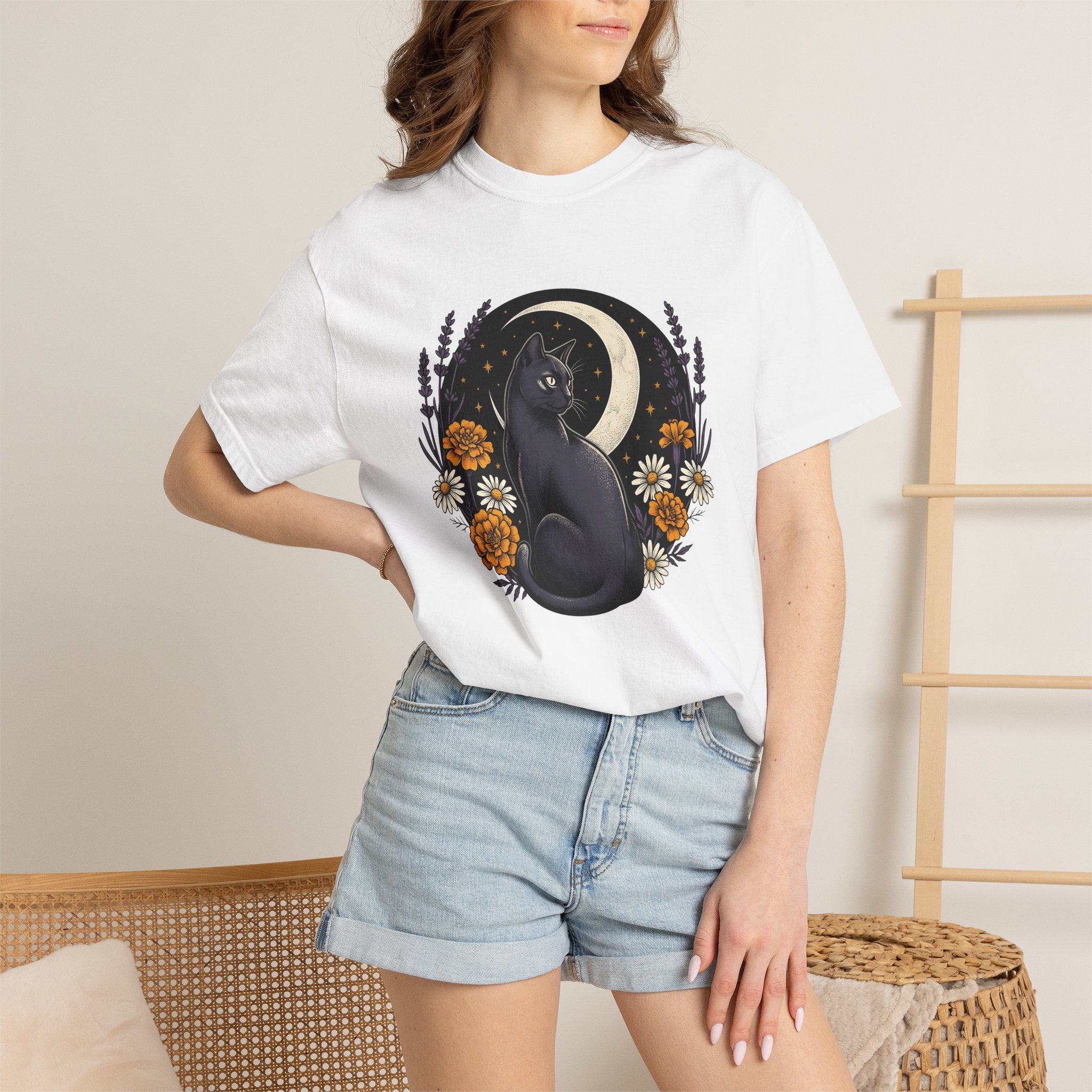 Black Kitten Shirt Cat Flower Gift Women Bohemian Tee Kitten T-Shirt Cat Fan Fauvist Tshirt Floral Graphic Retro Crescent Moon Tshirt