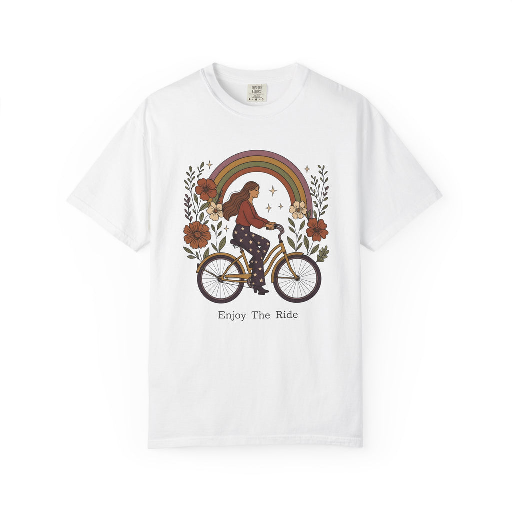 Woman Bicycle Shirt Cycling Floral Gift Women Boho Tee Bike T-Shirt Cyclist Enthusiast Bohemian Tshirt Floral Graphic Retro Rainbow Tshirt