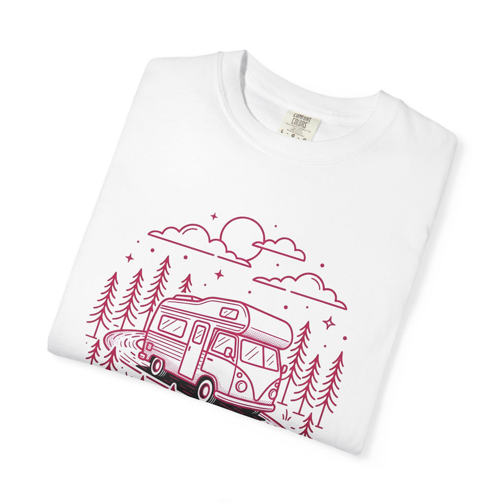 Camper Van Shirt Camping Adventure Gift Women Line Art Tee Motorhome T-Shirt Camper Fan Minimalist Tshirt Explorer Graphic Retro Pine Trees