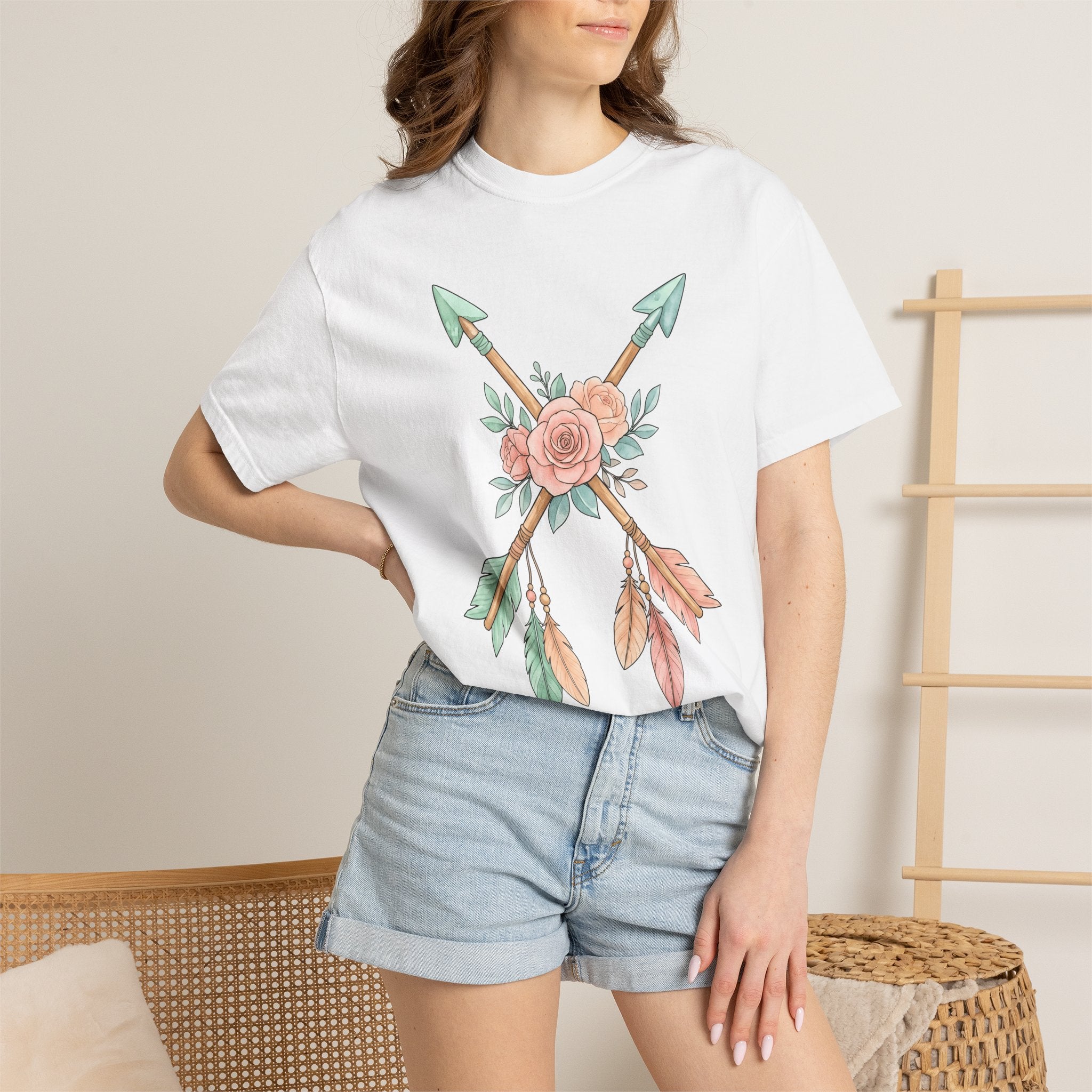 Blossom Arrows Shirt Boho Chic Petals Gift Women Brush Stroke Tee Arrow T-Shirt Bohemian Fan Painted Tshirt Floral Graphic Doodle Quills